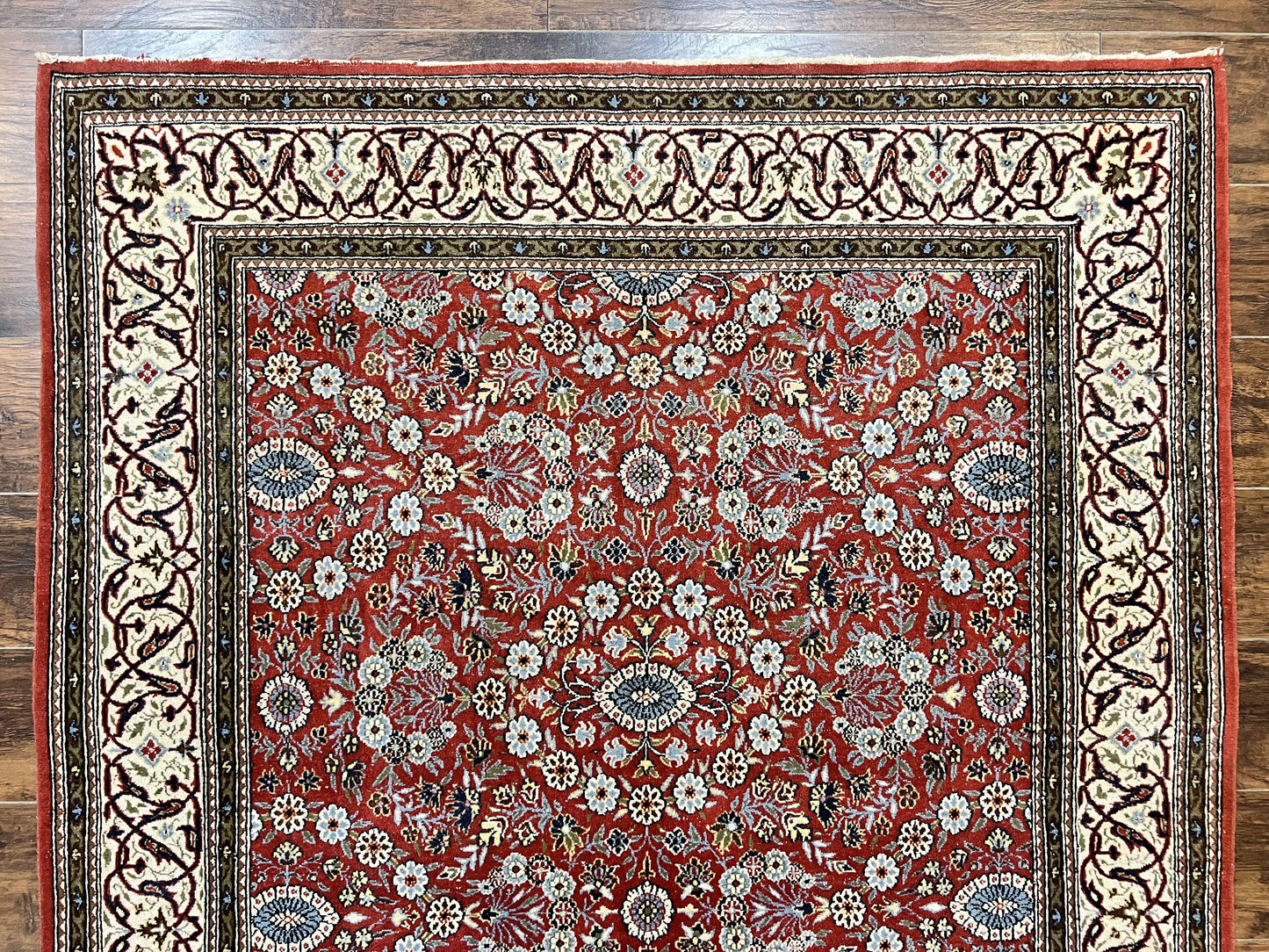 USED Red Persian Qum Rug 5 x 7.6, Hand Knotted Vintage Wool Fine Carpet 270 KPSI, Floral Allover