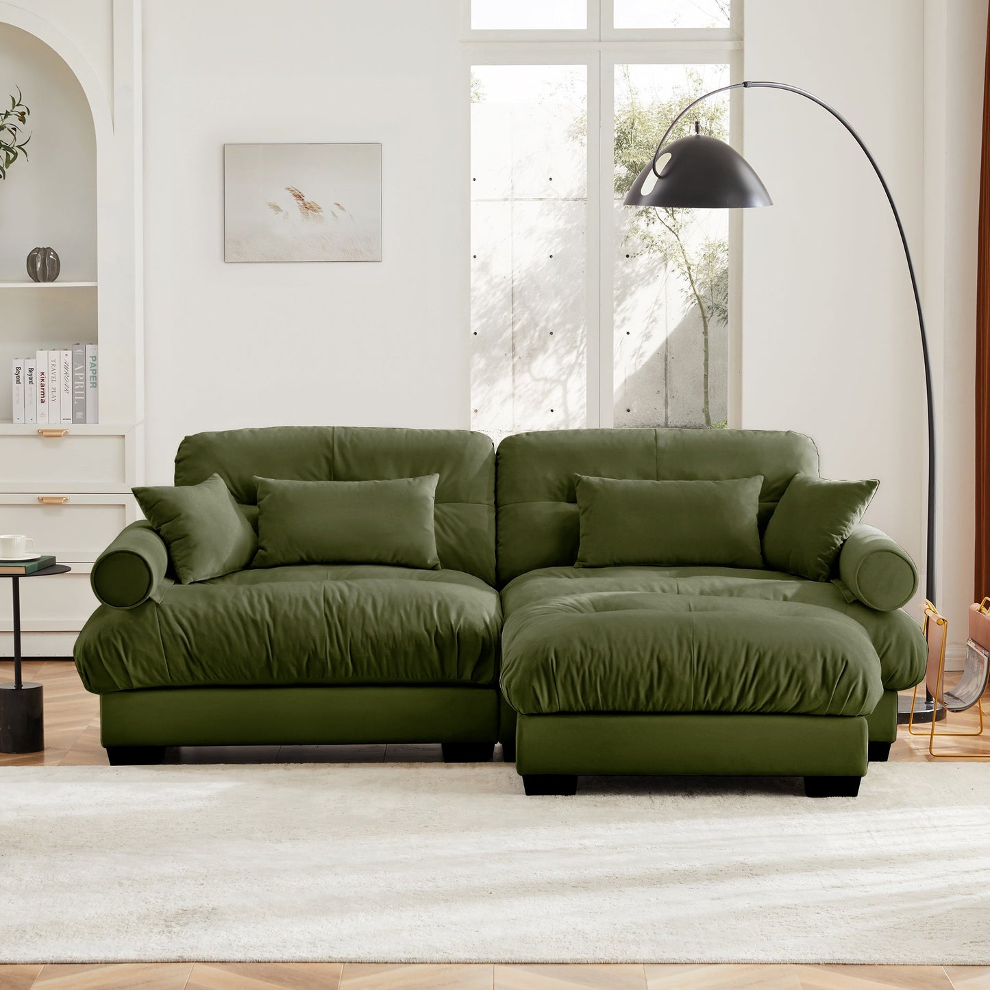 NEW Modern Oversized Velvet Two-Seater Sofa with Ottoman and Round Bolster Armrests in Olive Green