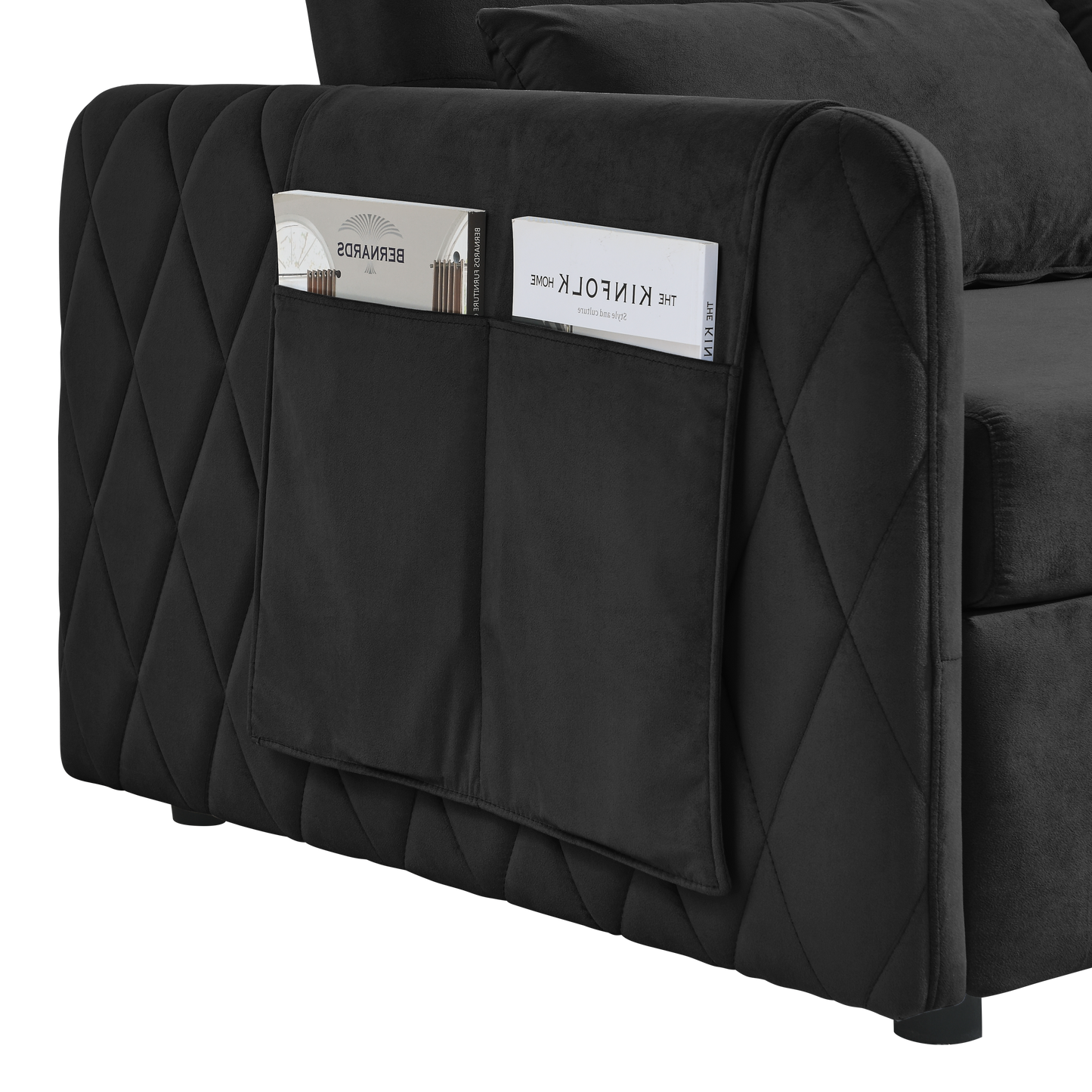 NEW 55' Modern Convertible Sofa Bed with 2 Detachable Arm Pockets, Velvet Loveseat Sofa with Pull Out Bed 2 Pillows Adjustable Backrest Grid Design Armrests