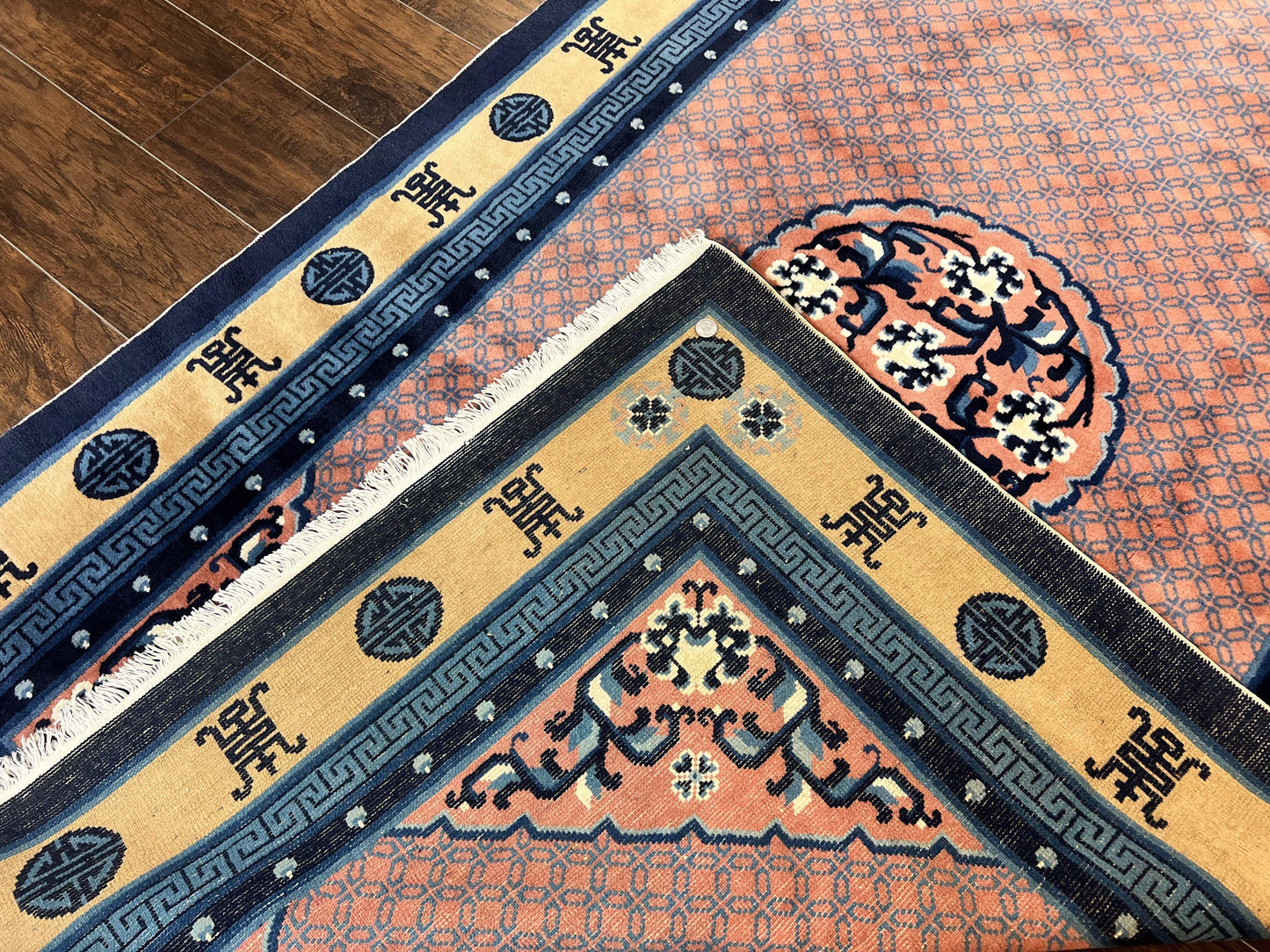 USED Chinese Peking Rug 5x8, Vintage Semi Antique Chinese Art Deco Carpet, Wool Pile Light Red/Salmon Gold Navy Blue, Handmade Asian Oriental Rug