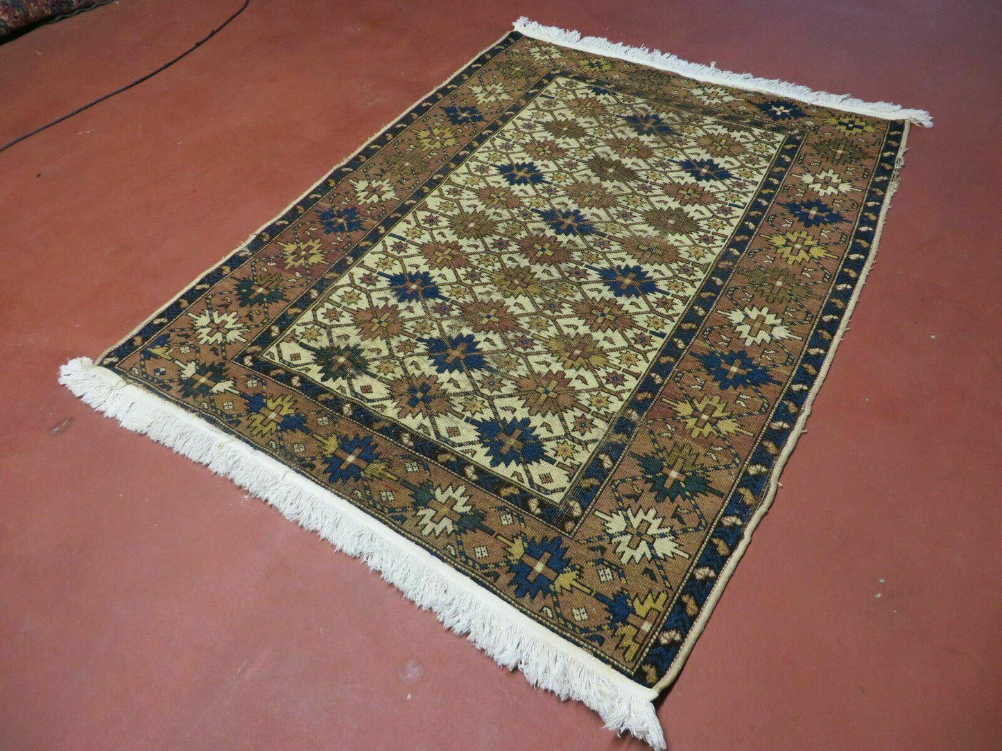 USED 4' X 5' Antique Handmade Caucasian Kazak Shirvan Wool Rug Snow Flakes
