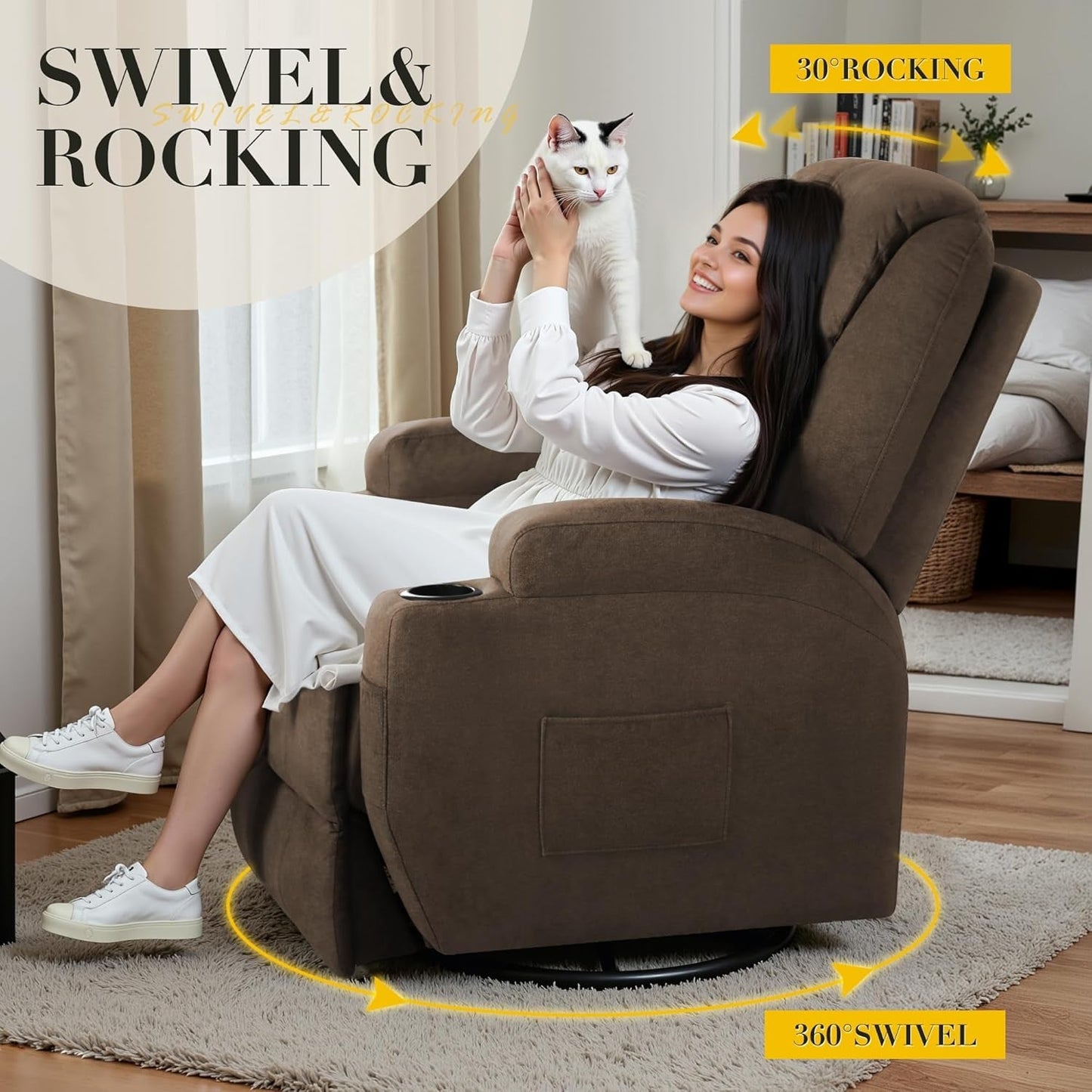 NEW Brown Fabric Recliner Chair With 360 Swivel Massage