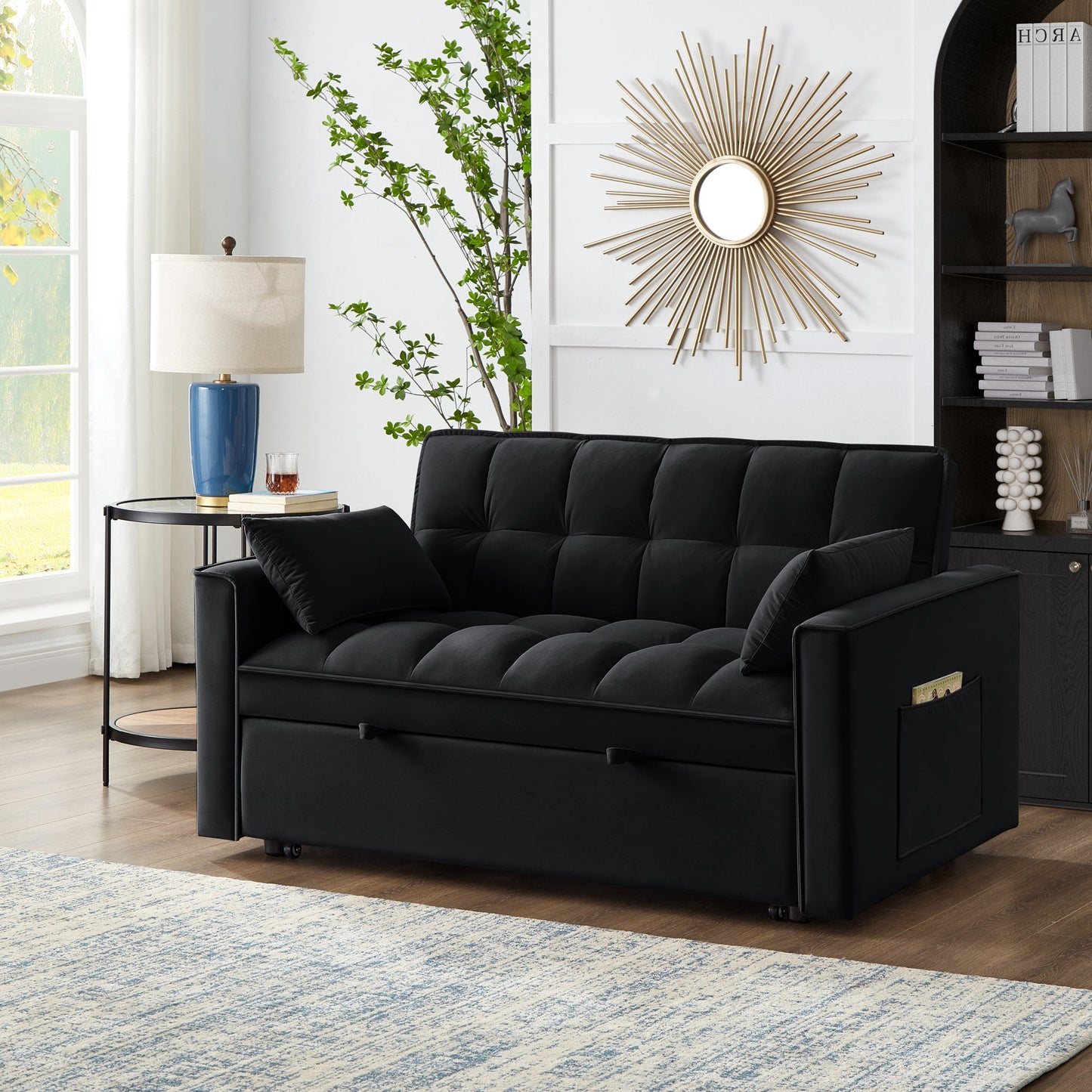 NEW 4 in1 Loveseat Sofa Bed with Armrests & Storage Pockets, Multi-Function Tufted Pull-out Sofa Bed with Adjustable Backrest and Pillows, Convertible Loveseat Sofa Couch,Black