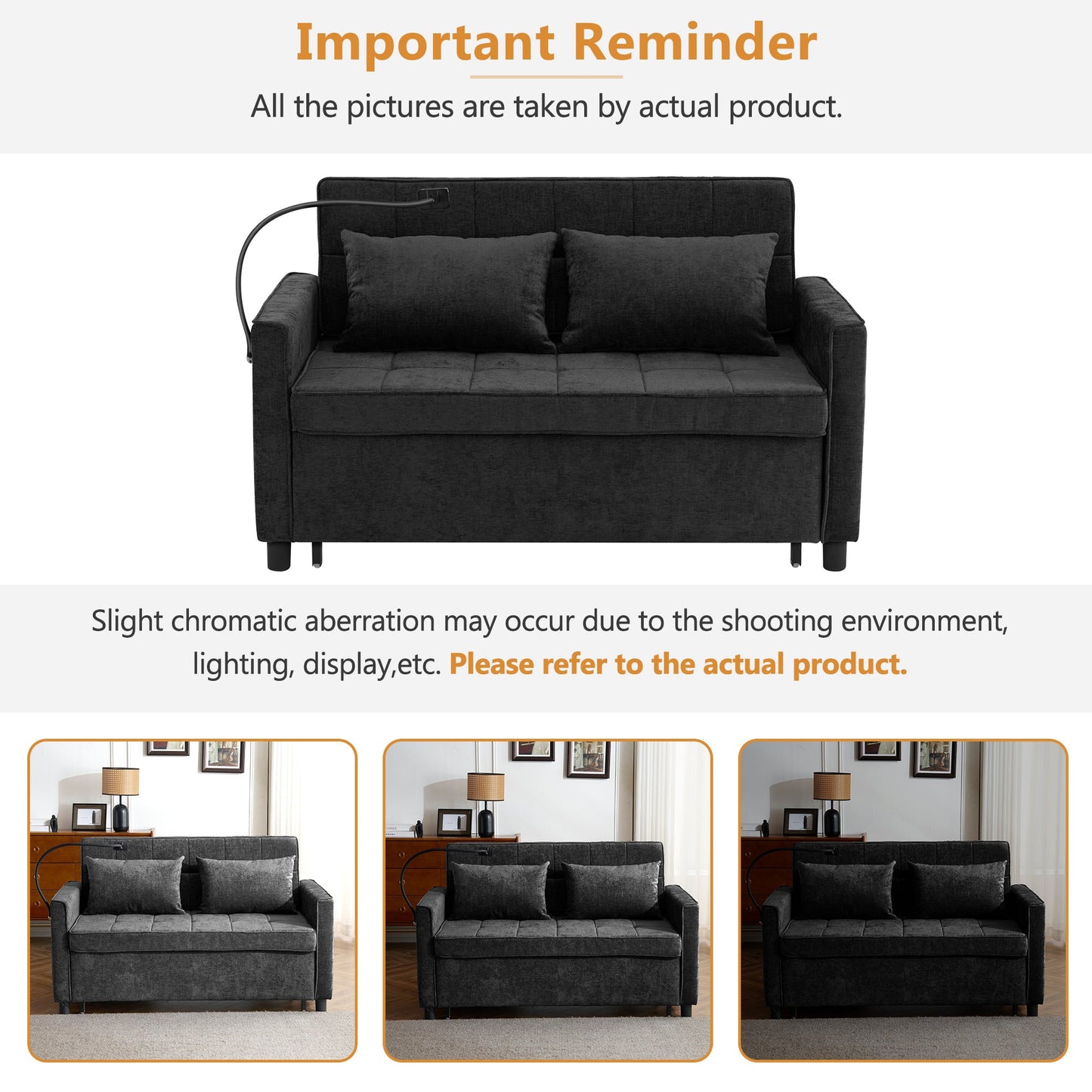 NEW Contemporary 56.9' Loveseat Sofa Bed Sleeper with Reversible Backrest, Side Pockets, USB Ports, Phone Holder, Black Chenille
