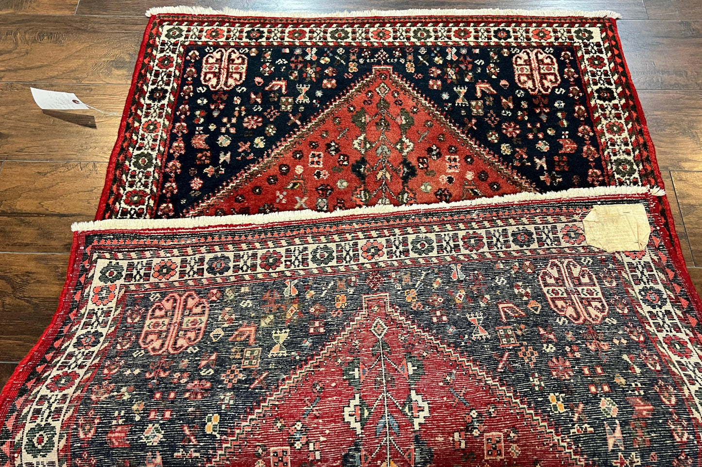 USED Persian Tribal Rug 3.6 x 5 ft, Persian Abadeh Rug, Geometric Medallion Bird Motifs, Red and Navy Blue Hand Knotted Handmade Wool Vintage Oriental Carpet