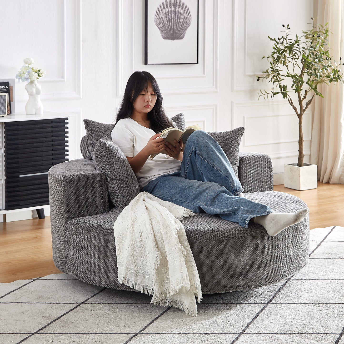 NEW 55''L Chenille Foam Single Swivel Fluffy Modern Sleeper 360 Degree Swivel Chair