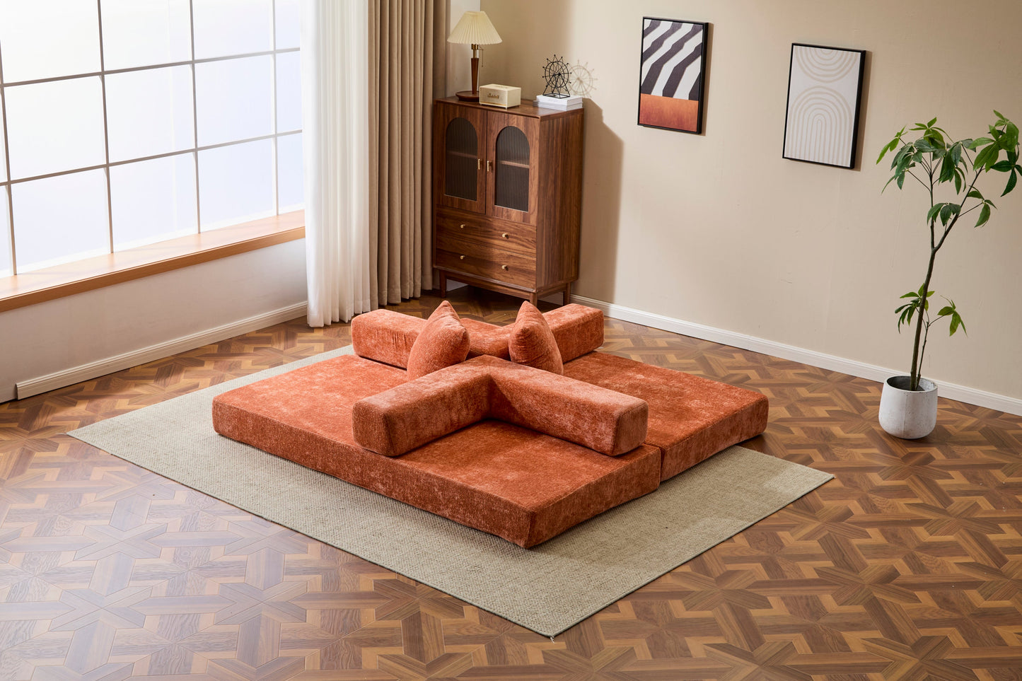 NEW Orange Chenille Fabric Comfy Futon Couch Lounge Sleeper Compression Convertible Floor Sofa Bed Couch with Pillow Back Support Armrest Bed