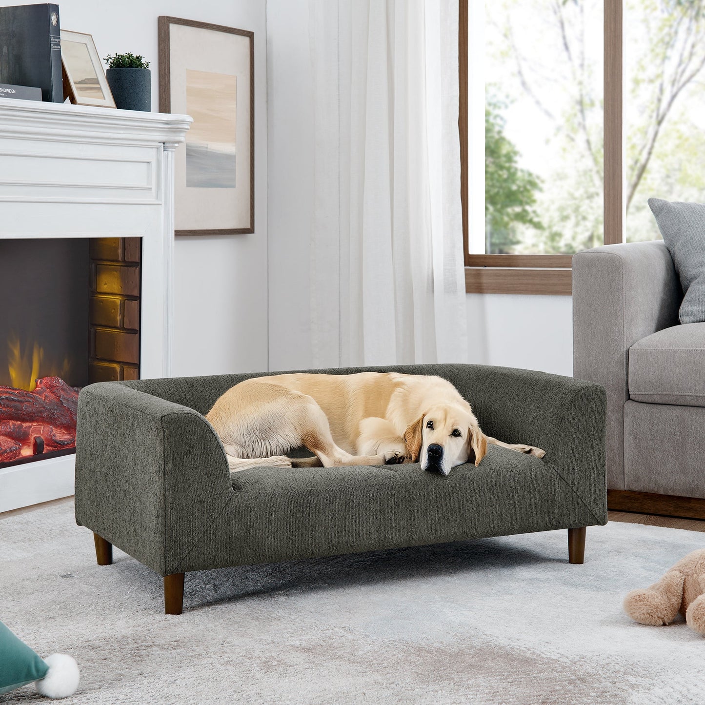 NEW Modern Rectangular Pet Sofa with Backrest and Armrests, Soft Cushion, Dark Grey Linen, Rubber Wood Frame