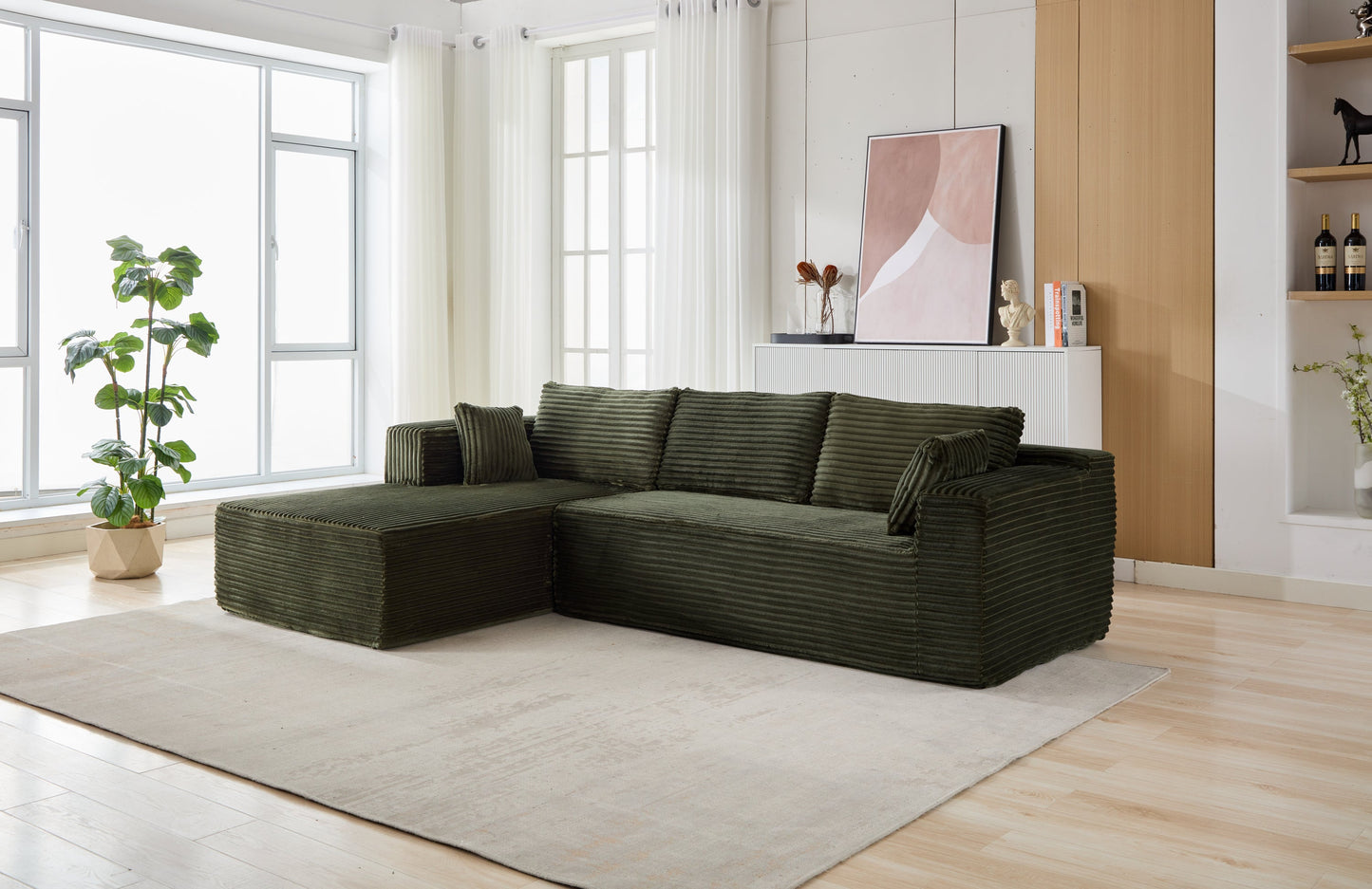 NEW Compression Sectional Couch with Comfy Chaise, Boneless L Shape Sofa with Deep Seat, Minimalist Modular Couches Sleeper for Living Room Bedroom Apartment Lounge,corduroy,Green