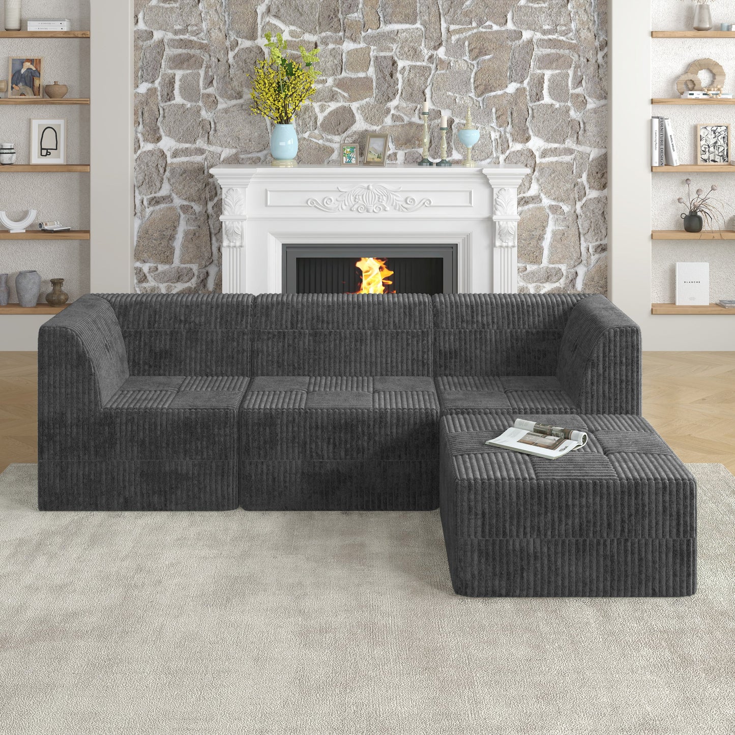 NEW Modern Minimalist L Shape Modular Sectional Sofa, Sleeper Corduroy Couch, Comfy Space-Efficient Design, Grey