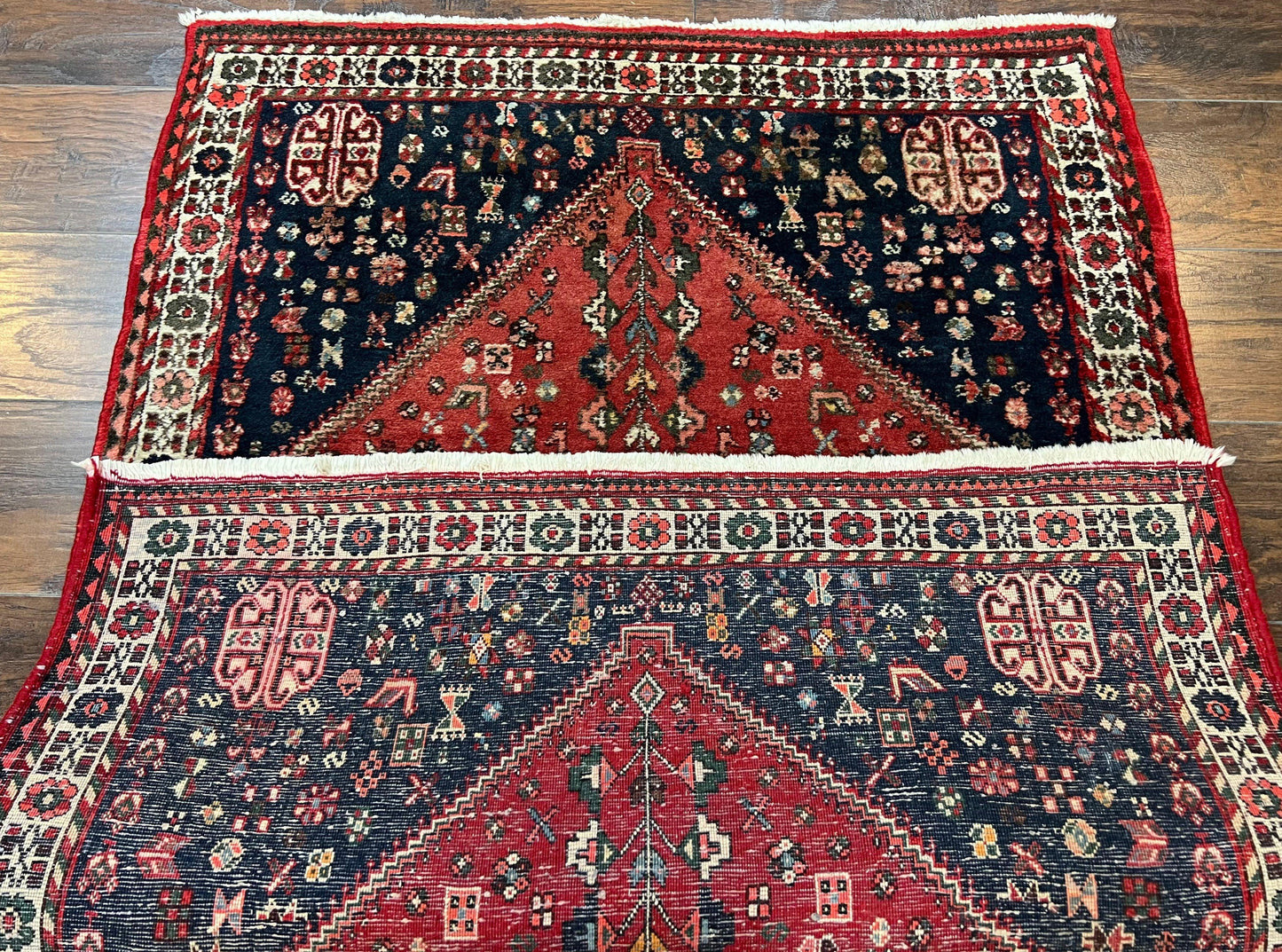 USED Persian Tribal Rug 3.6 x 5 ft, Persian Abadeh Rug, Geometric Medallion Bird Motifs, Red and Navy Blue Hand Knotted Handmade Wool Vintage Oriental Carpet
