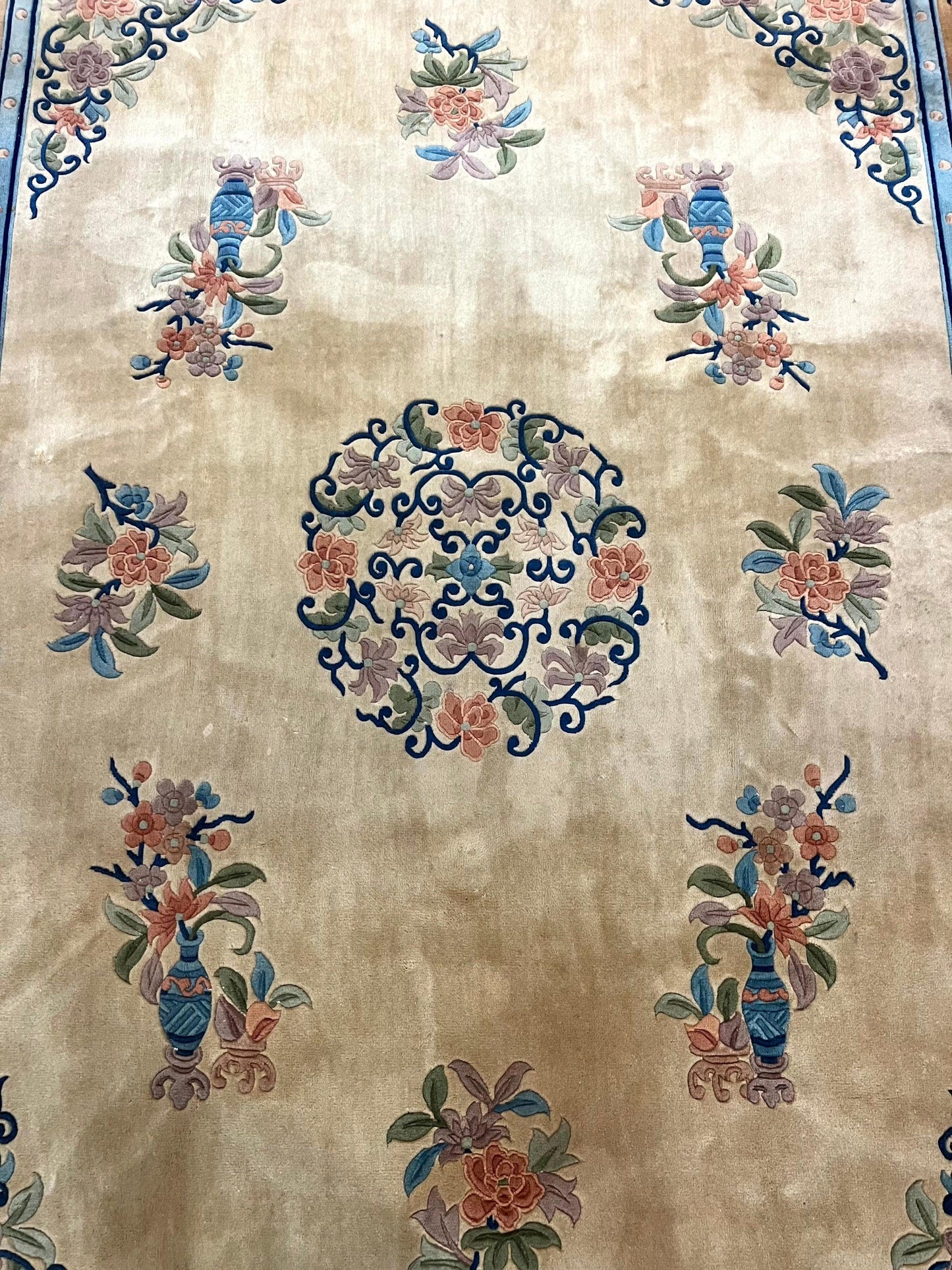 USED Chinese Wool Rug 8x11, Peking Asian Oriental Carpet, Cream/Ivory and Blue, Vintage Handmade Rug, Art Deco Rug