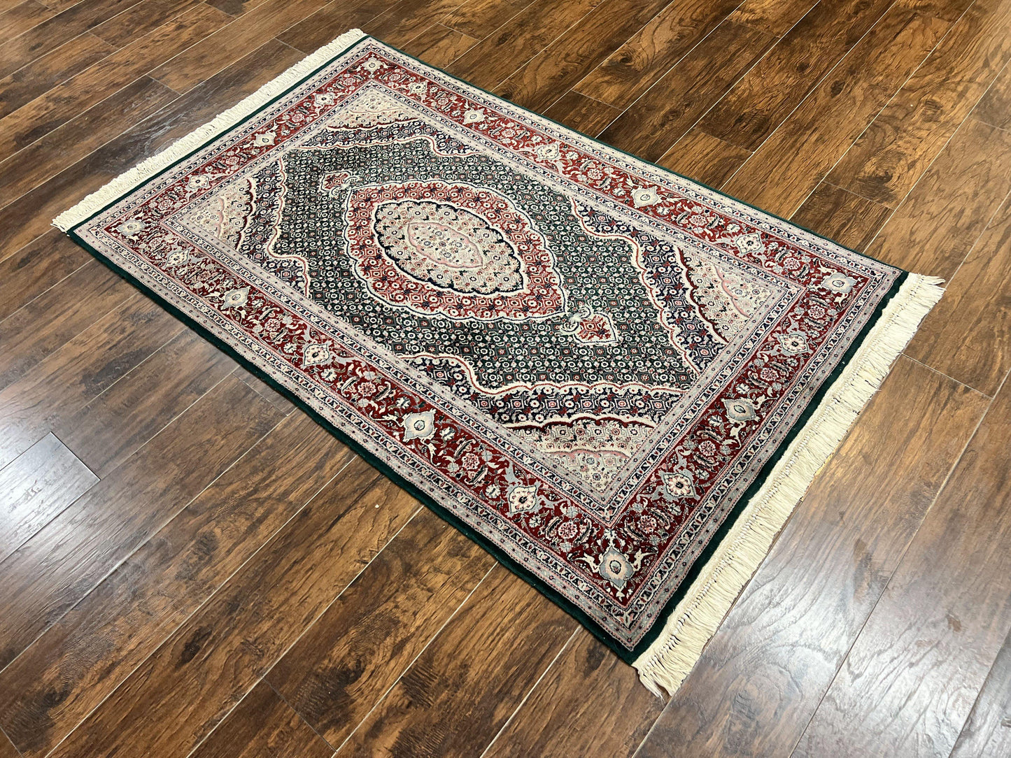 USED Sino Persian Rug 4x6, Wool with Silk Highlights, Fine Hand Knotted Carpet, Green & Maroon Red, Herati Medallion, Vintage Rug