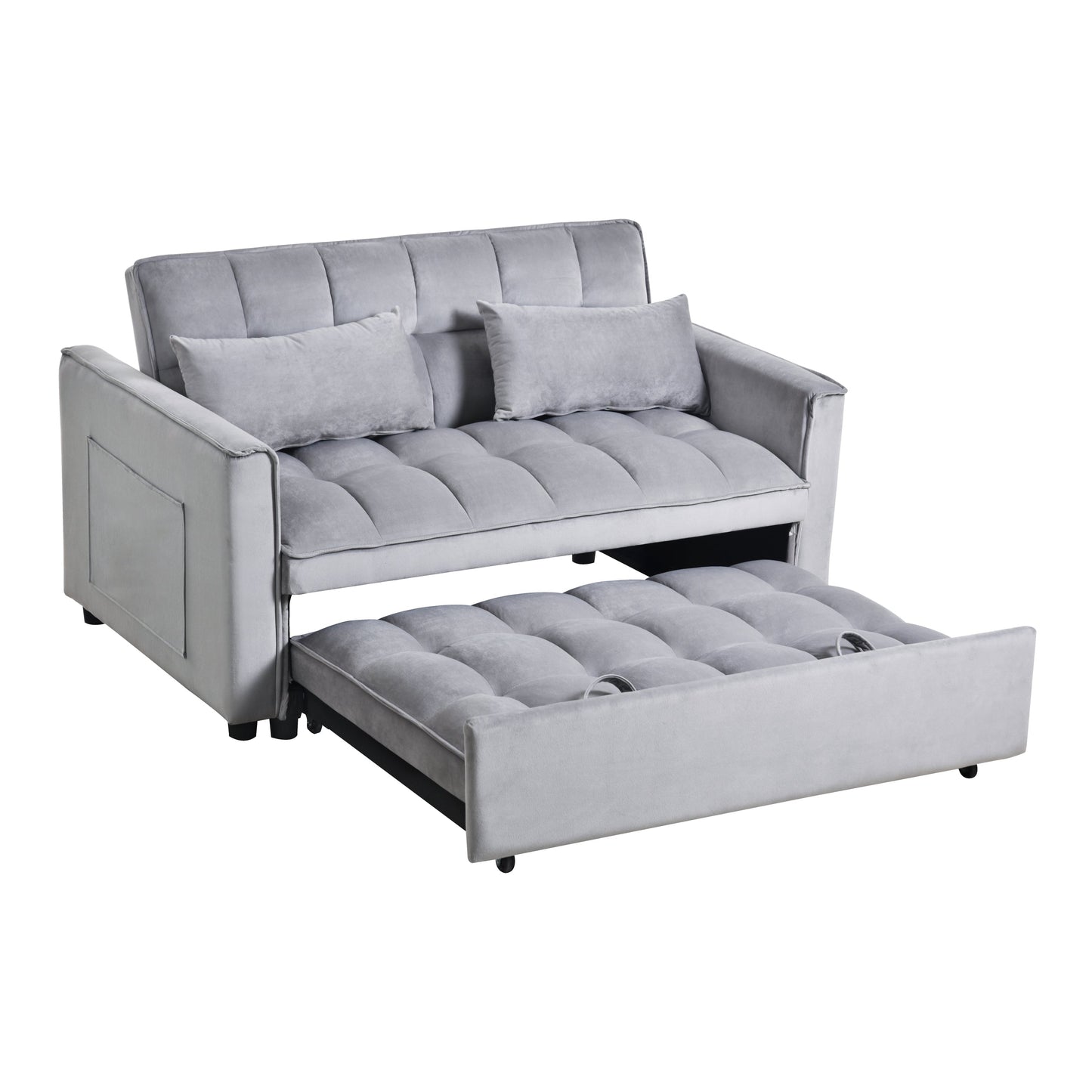 NEW 3 in 1 Convertible Sleeper Sofa Bed,  Modern Pull Out Couch Bed, Adjustable Backrest, Velvet Loveseat Futon Sofa with Pillows & Pockets for Living Room Apartment, Grey
