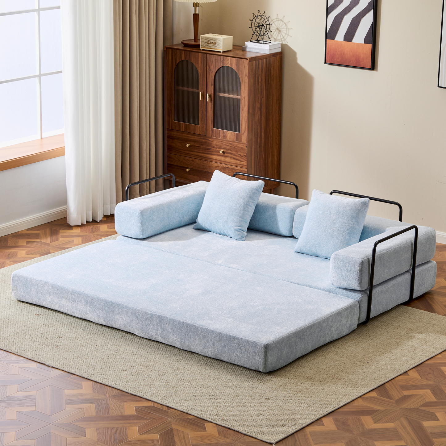 NEW Light Blue Chenille Fabric Floor Couch Compression Convertible Sofa Bed with Pillow Back Support Armrest Comfy Futon Couch Lounge Sleeper Bed