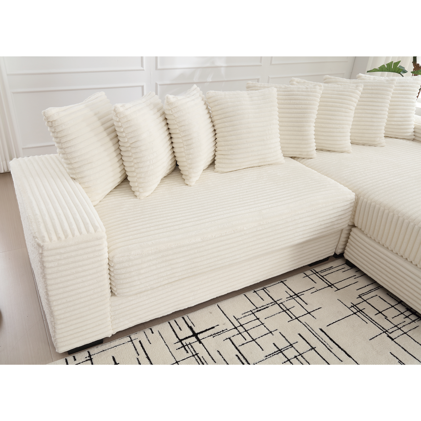NEW Beige Corduroy Oversized Two-Piece L Shaped Sofa Couch (Right Chaise Daybed Corner with Armrests and Eight Throw Pillows
