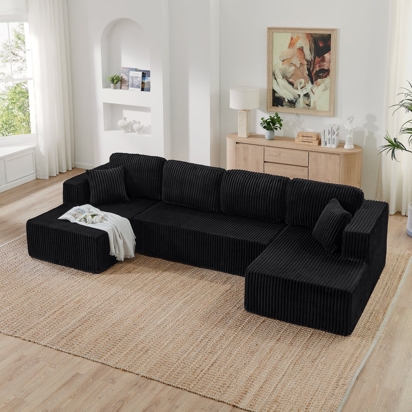NEW Modern Black Corduroy Minimalist U-Shape Modular Sectional Sofa Sleeper