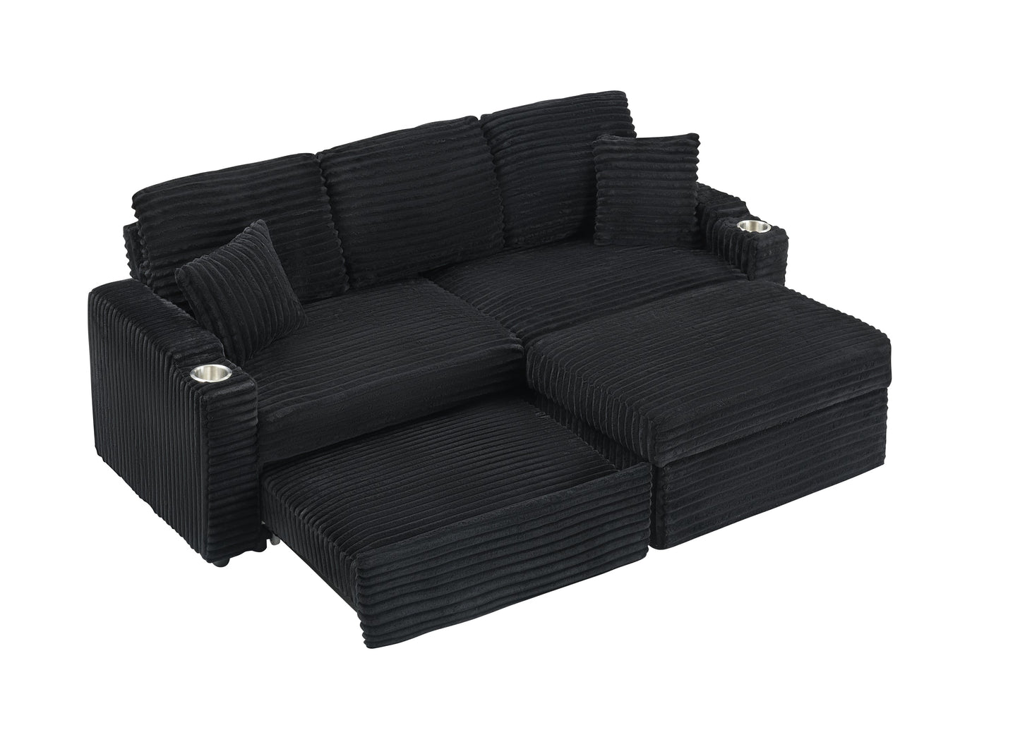 NEW 80' Corduroy Multi-Function Sofa with Hidden Reclining, Space Saving Design, Armrests, Cup Holders and Removable Footstool, Black