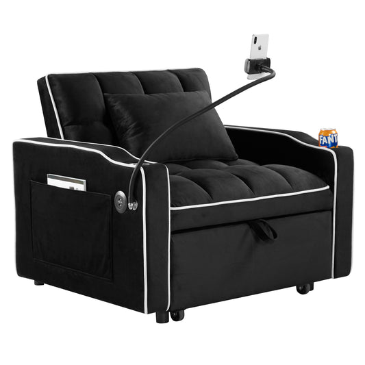 NEW Black Velvet Convertible Adjustable Sleeper Chair Pull Out Sofa Bed with Multi-Pockets