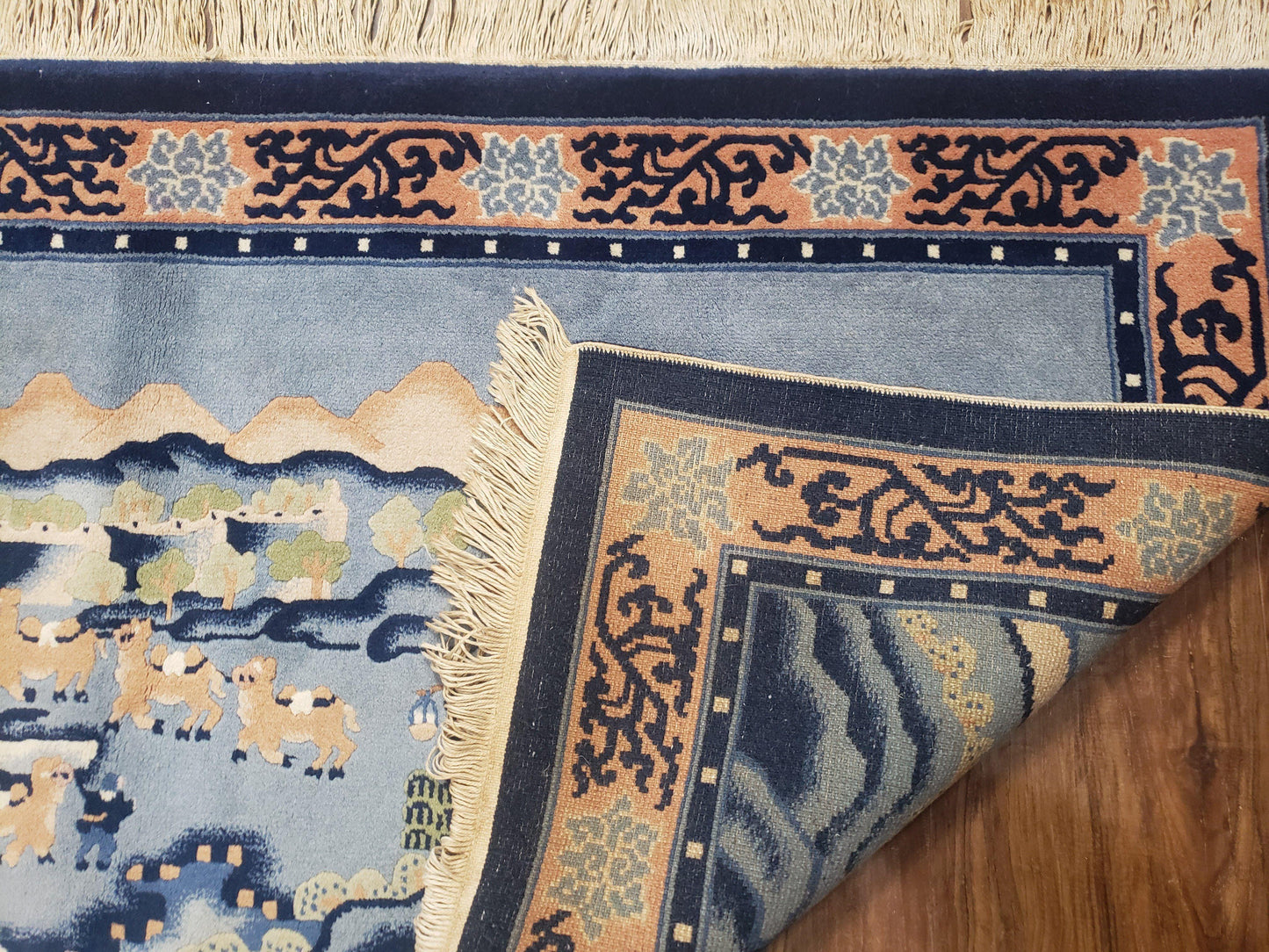 USED Vintage Chinese Pictorial Rug 2'4" x 4' 7", Chinese Village, Wool Hand-Knotted Blue & Teal Fine Carpet, Tapestry Rug, Woven Wall Art