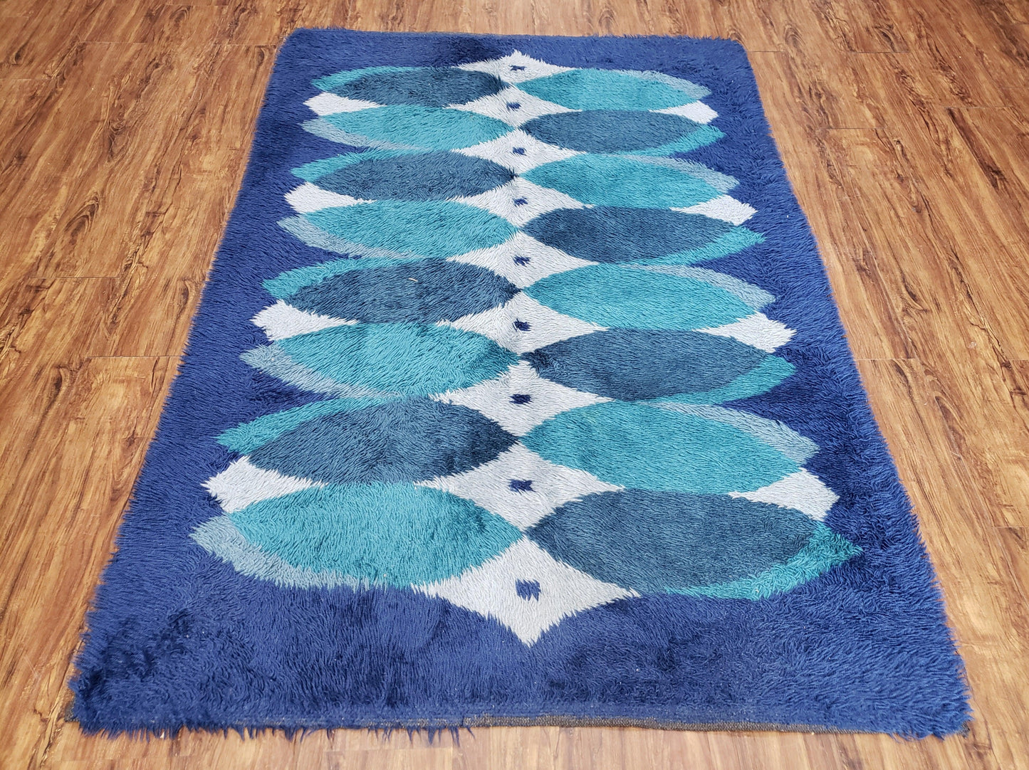 USED Blue Rya Rug, 1960s Mid-Century Modern Danish Shag Rug 4'6" x 6'7", Ege Rya, Abstract