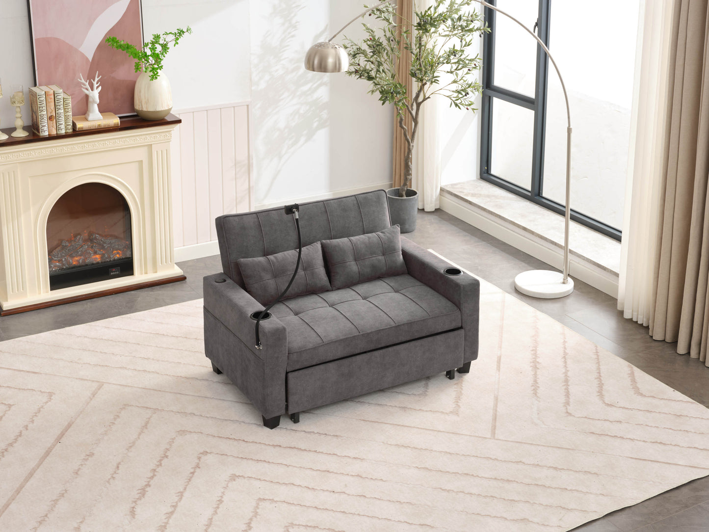 NEW Dark Grey Cloth Fabric 2 Seater Loveseat Recliner Sofa Bed with Adjustable Backrest USB and Cupholders