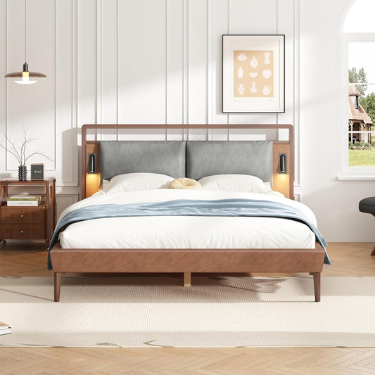 NEW Brown Upholstered Bed Frame With Integrated Night Lights