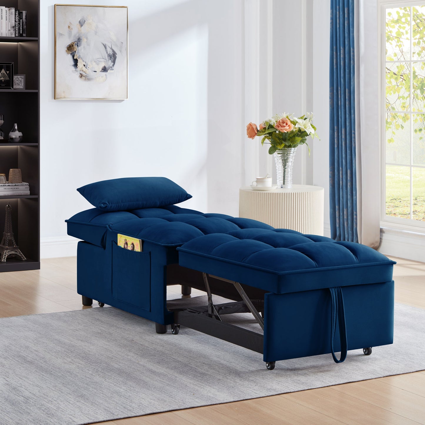 NEW 4 in1 Multi-Function Single Sofa Bed with Storage Pockets,Tufted Single Pull-out Sofa Bed with Adjustable Backrest and Pillows ,Convertible  Chaise Lounge, Navy
