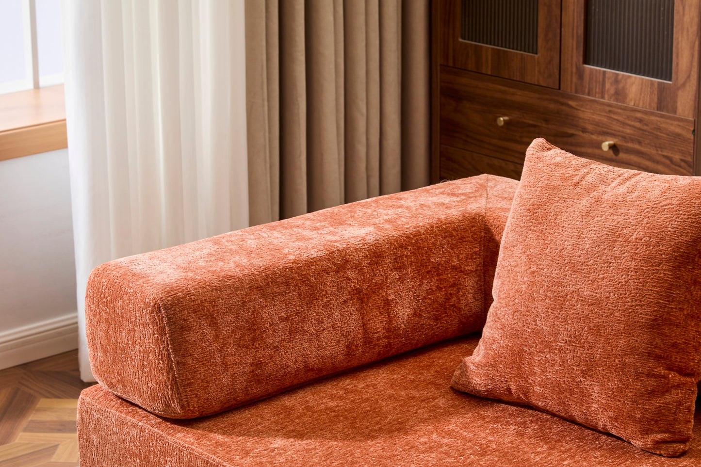 NEW Orange Chenille Fabric Comfy Futon Couch Lounge Sleeper Compression Convertible Floor Sofa Bed Couch with Pillow Back Support Armrest Bed