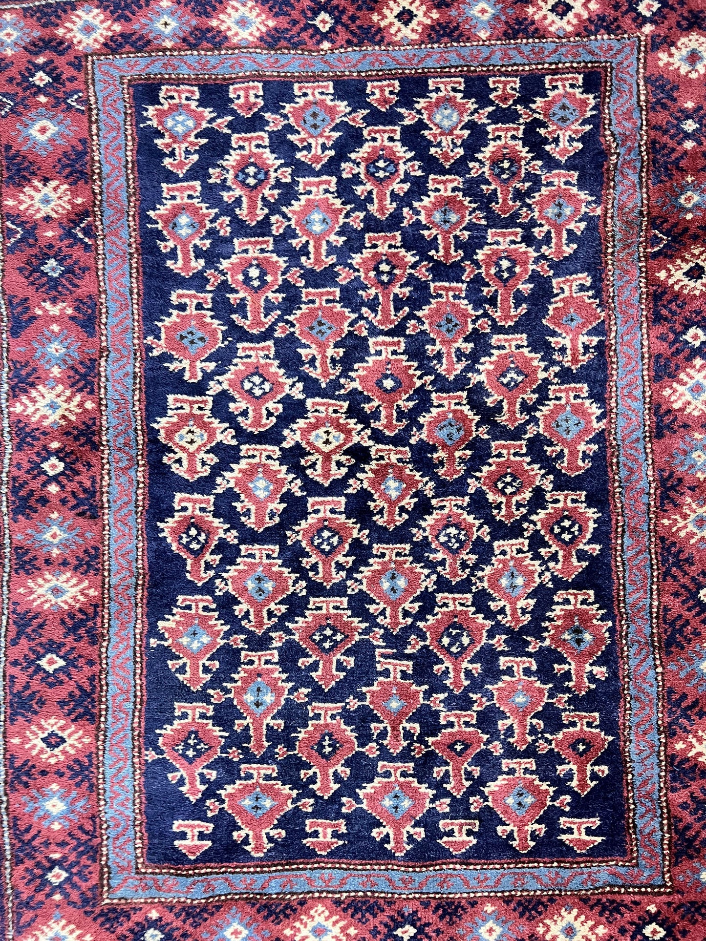 USED Turkish Sparta Rug 3x4, Allover Pattern, Navy Blue and Red, Antique Ispara Oriental Carpet 3 x 4, Small Turkish Handmade Vintage Wool Rug