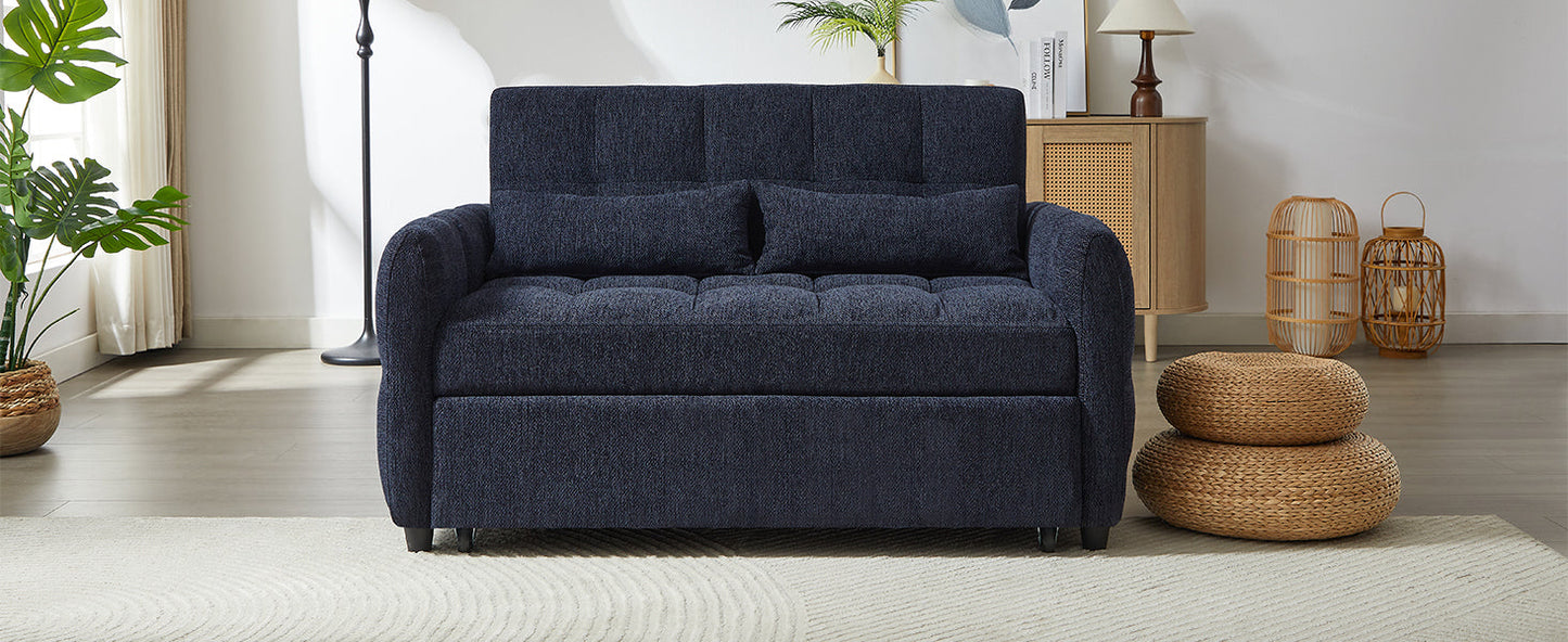 NEW Modern Loveseat Sofa Pull-out Bed with Adjustable Backrest, USB Ports, Lumbar Pillows, Blue Chenille, 52.8'