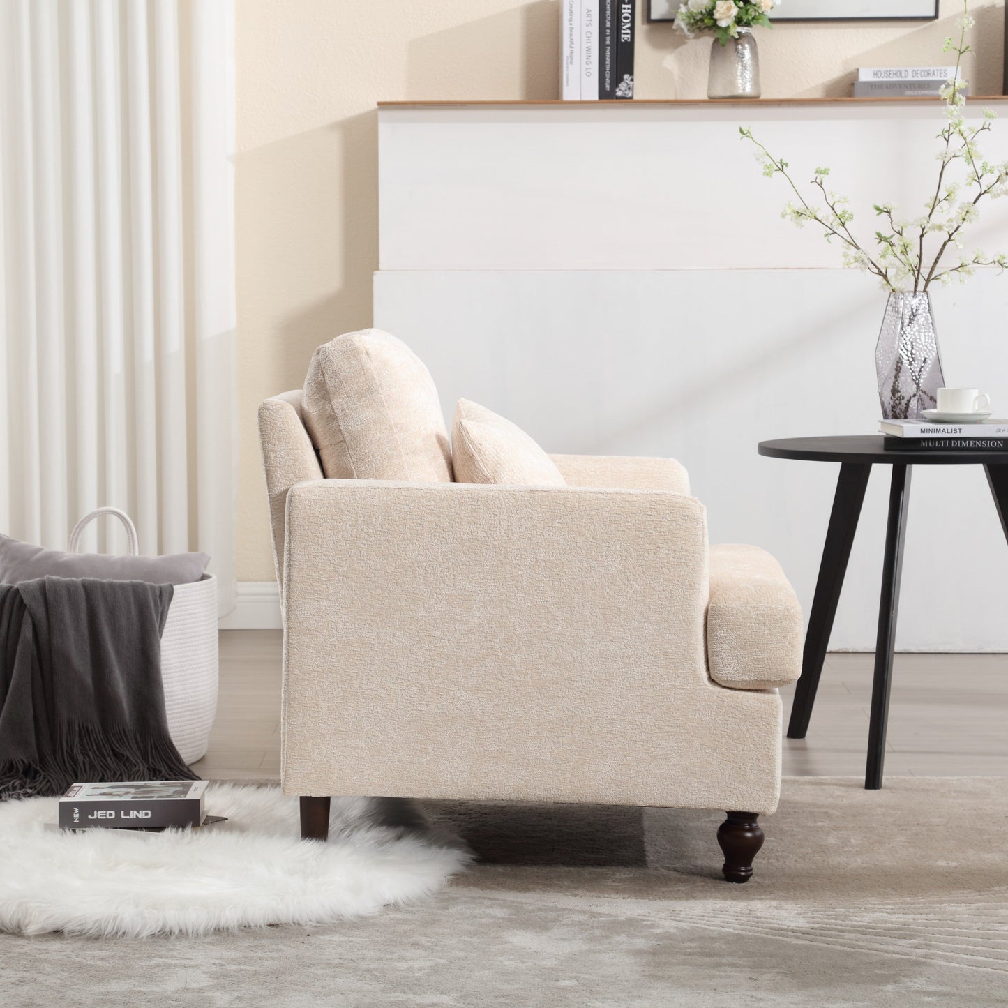 NEW Modern Accent Lounge Chair with Tufted Club Design, Beige Chenille Upholstery, Solid Wood Frame for Living Room and Bedroom
