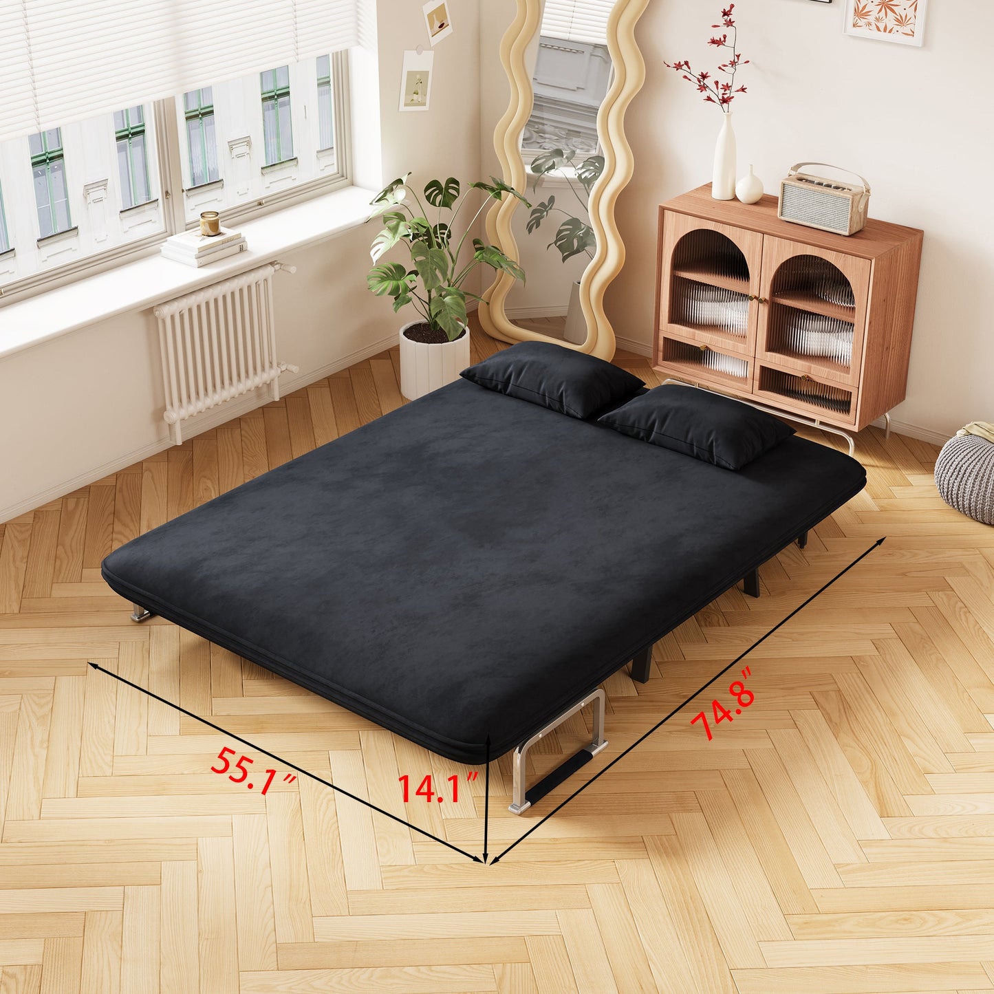 NEW Velvet Black 55″ Convertible Chair Tri-Fold Sofa Bed Leisure Chaise Lounge Couch Sleeper with with Adjustable Backrest Pillow and Sturdy Steel Frame