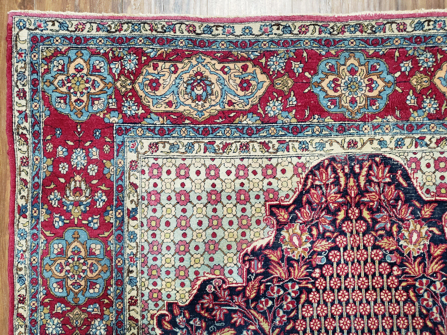 USED Antique Persian Tehran Rug 5x8, Midnight Blue and Red, Hand-Knotted, Wool