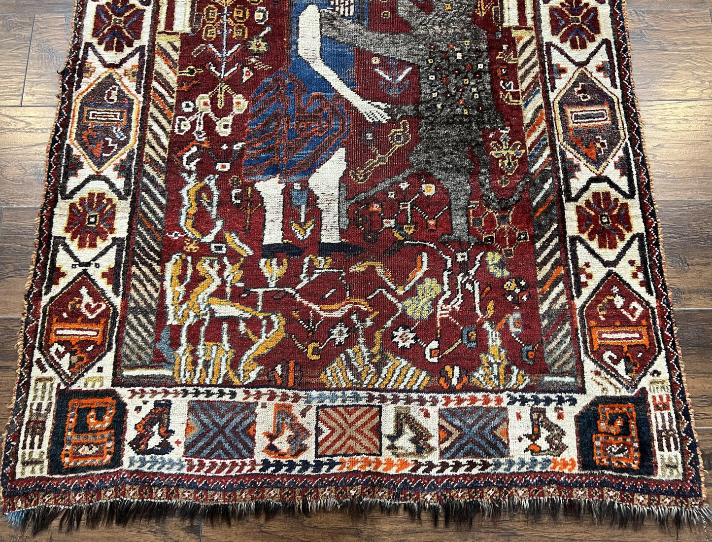 USED Antique Persian Shiraz Pictorial Rug 3.6 x 5, Persian Tribal Rug, Handmade, Lions, Highly Unique Collectible Small Persian Carpet, Maroon, Wool