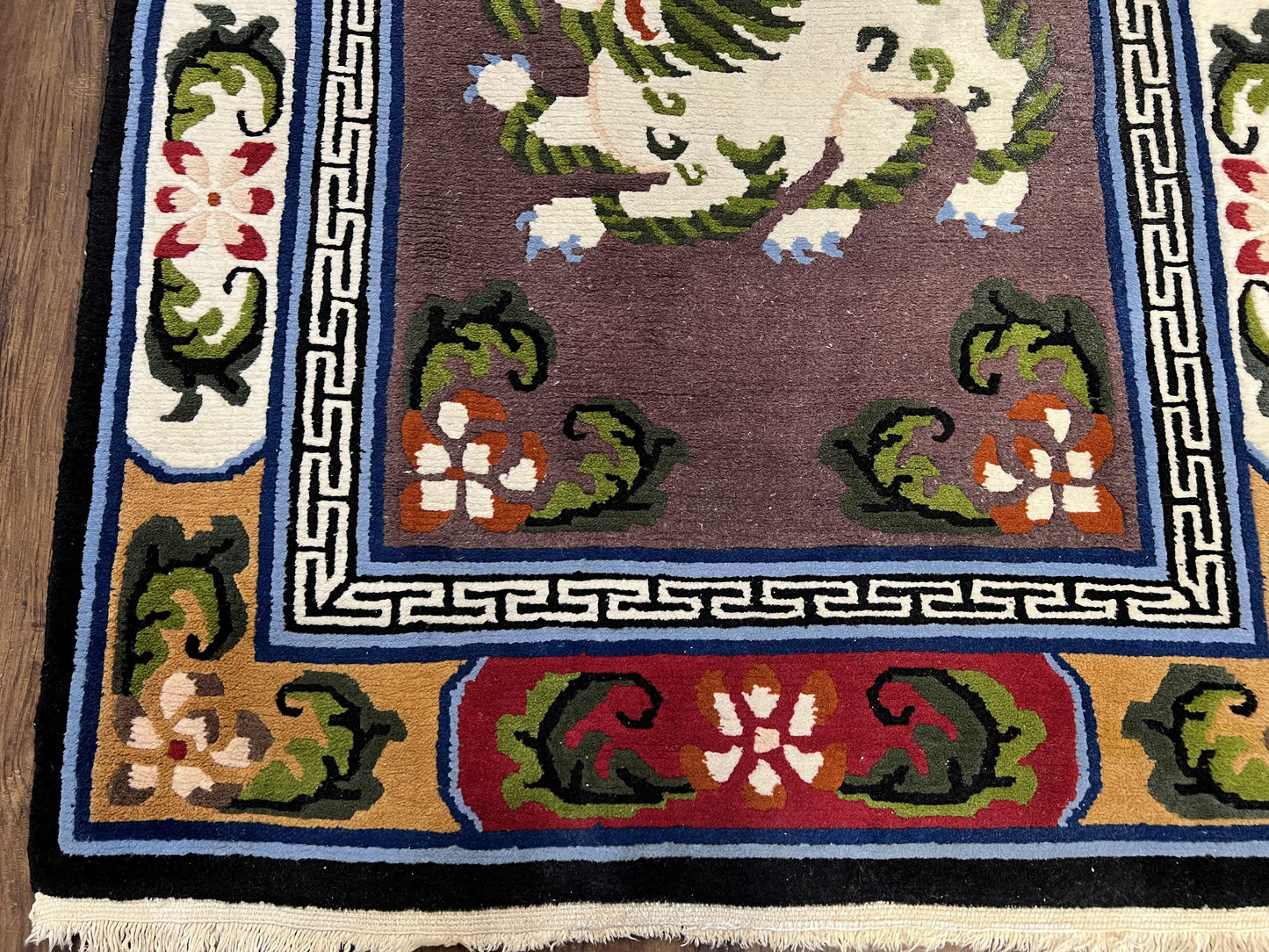 USED Chinese Art Deco Rug 3 x 5.5 with Animal Pictorials, Vintage Chinese Peking Wool Area Rug, Dark Puce Maroon Ivory, Hand Knotted Soft Carpet