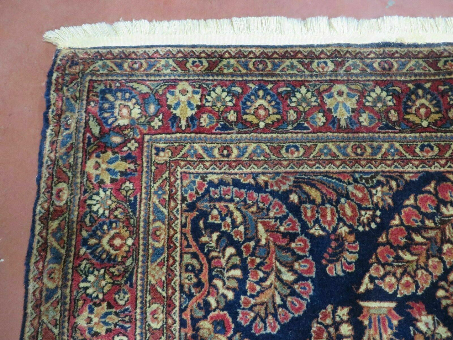 USED Antique Persian Sarouk Rug 4x6, Hand Knotted 1920s Oriental Carpet 4 x 6 ft, Navy Blue and Red Wool Rug, Handmade Floral Allover Persian Area Rug