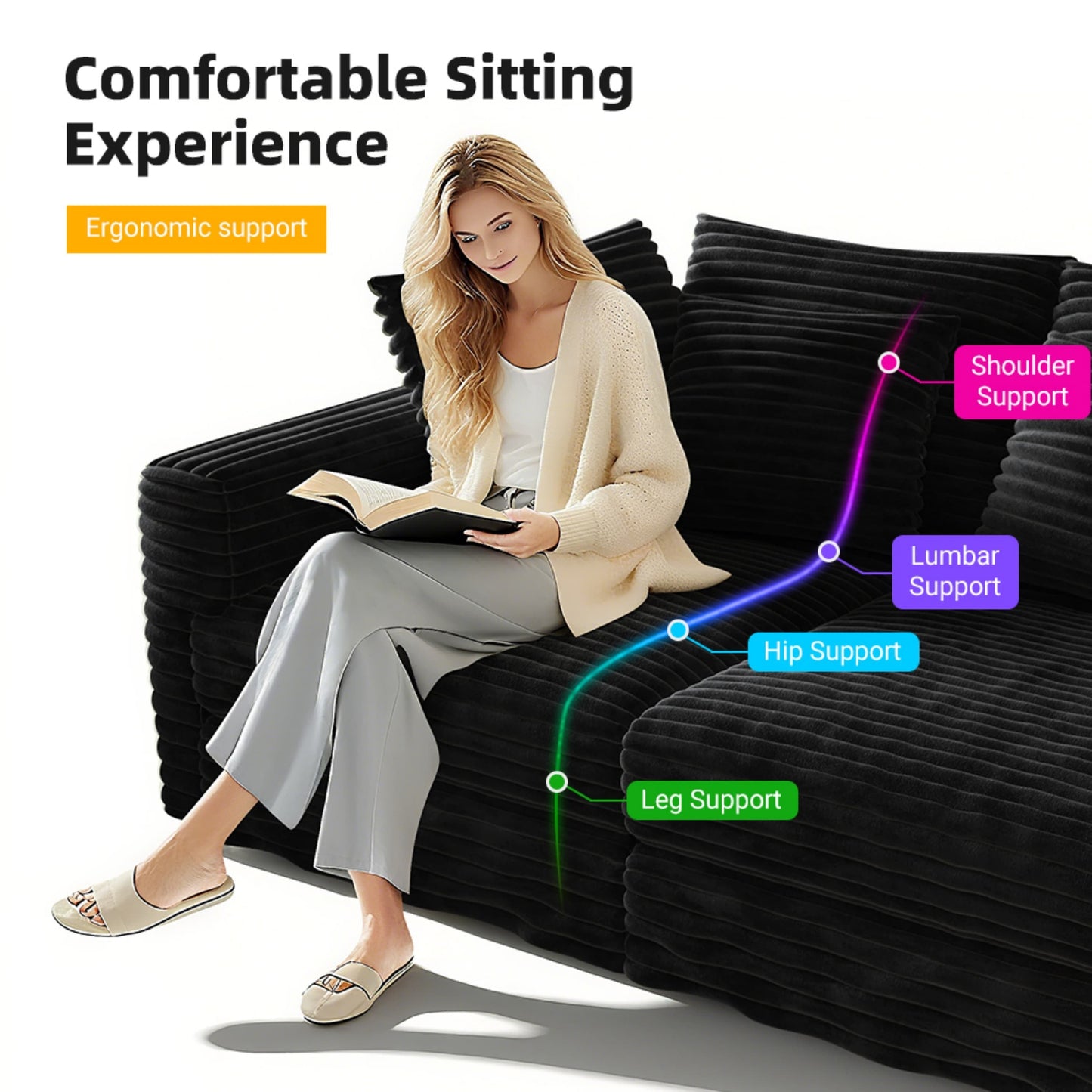 NEW 82.7' Black Plush Corduroy Deep 3-Seat Modern Comfy Upholstered Sofa Couch