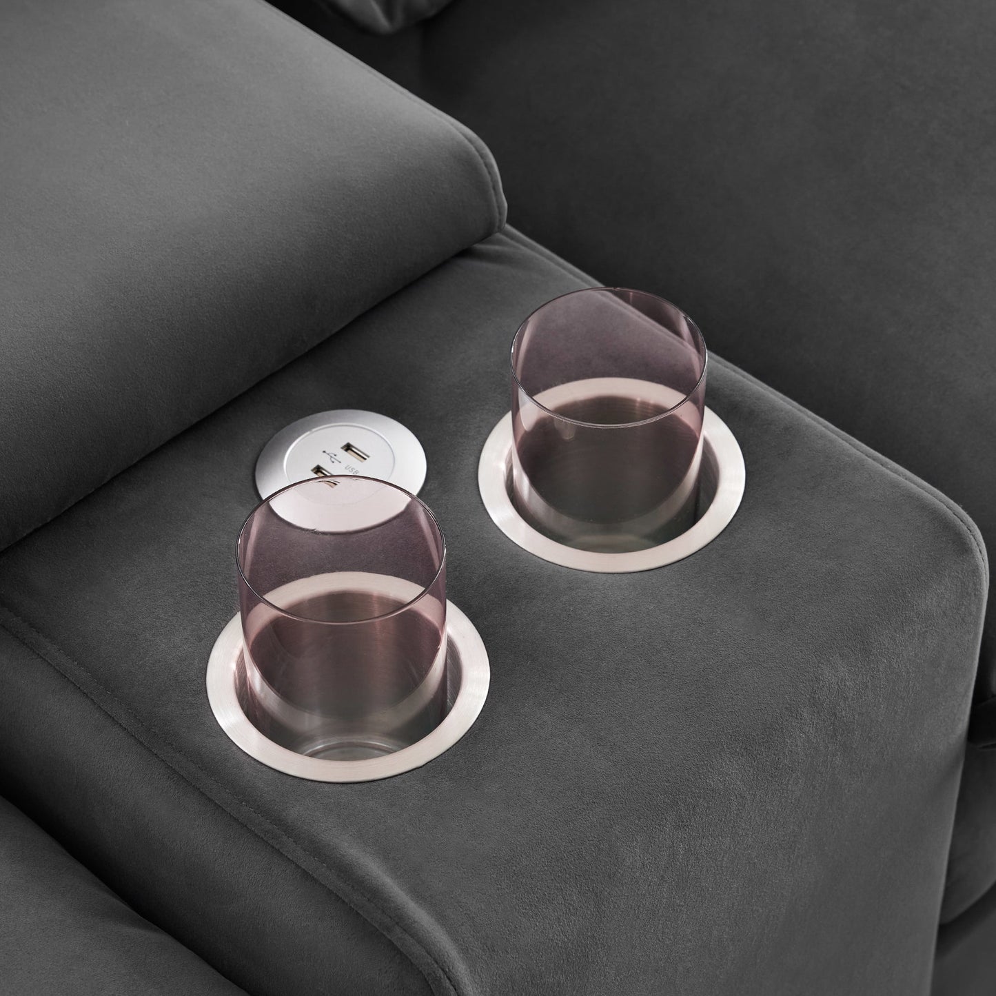 NEW Modern Gray Velvet Upholstered U-shaped 6-Seat Sofa with Console Cupholders and USB Ports