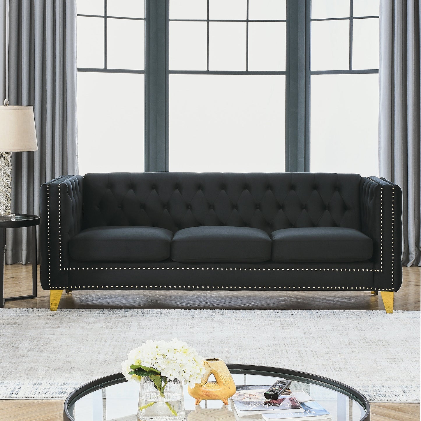 NEW Black Velvet Tufted Button Square Arm Modern Couch Sofa with Metal Legs