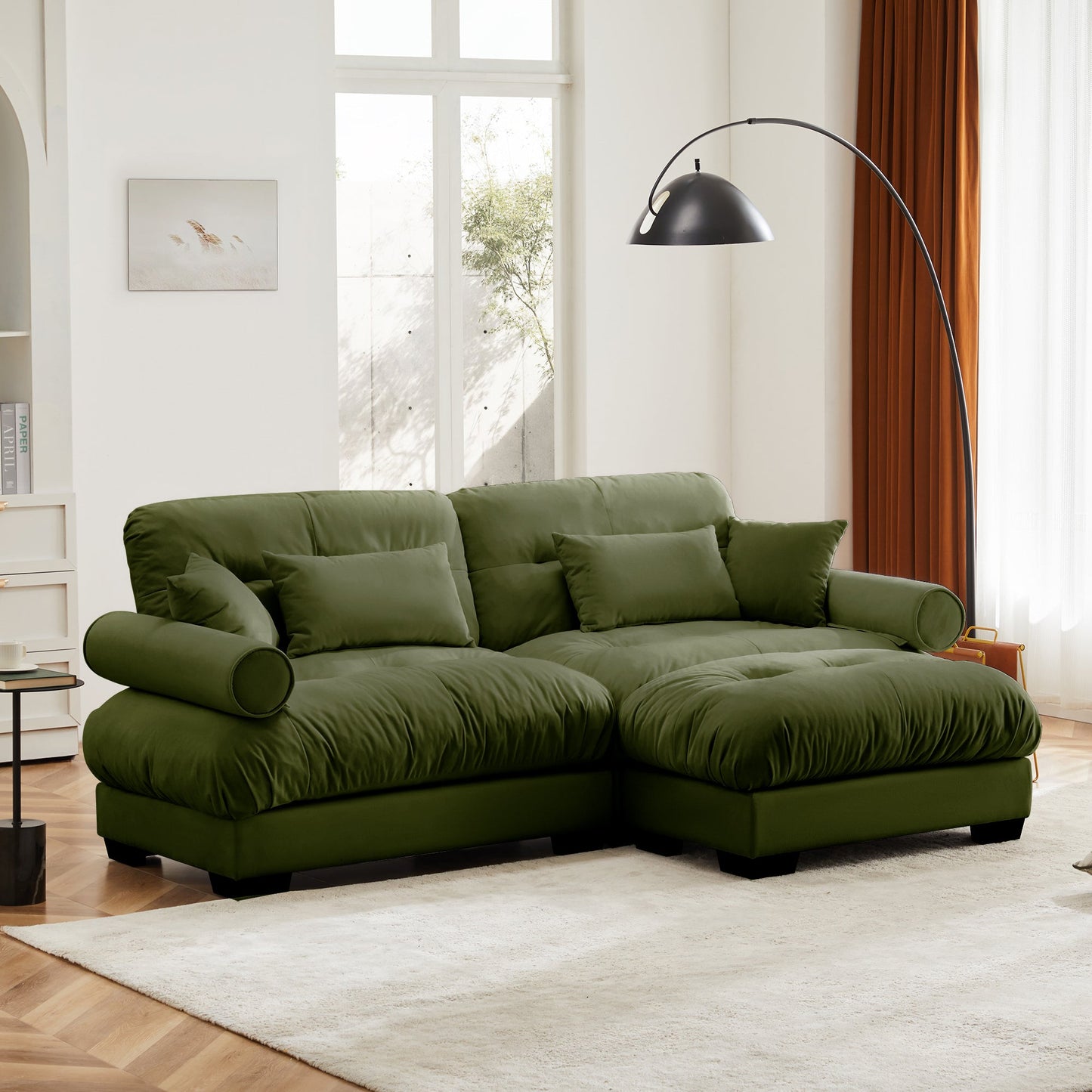 NEW Modern Oversized Velvet Two-Seater Sofa with Ottoman and Round Bolster Armrests in Olive Green