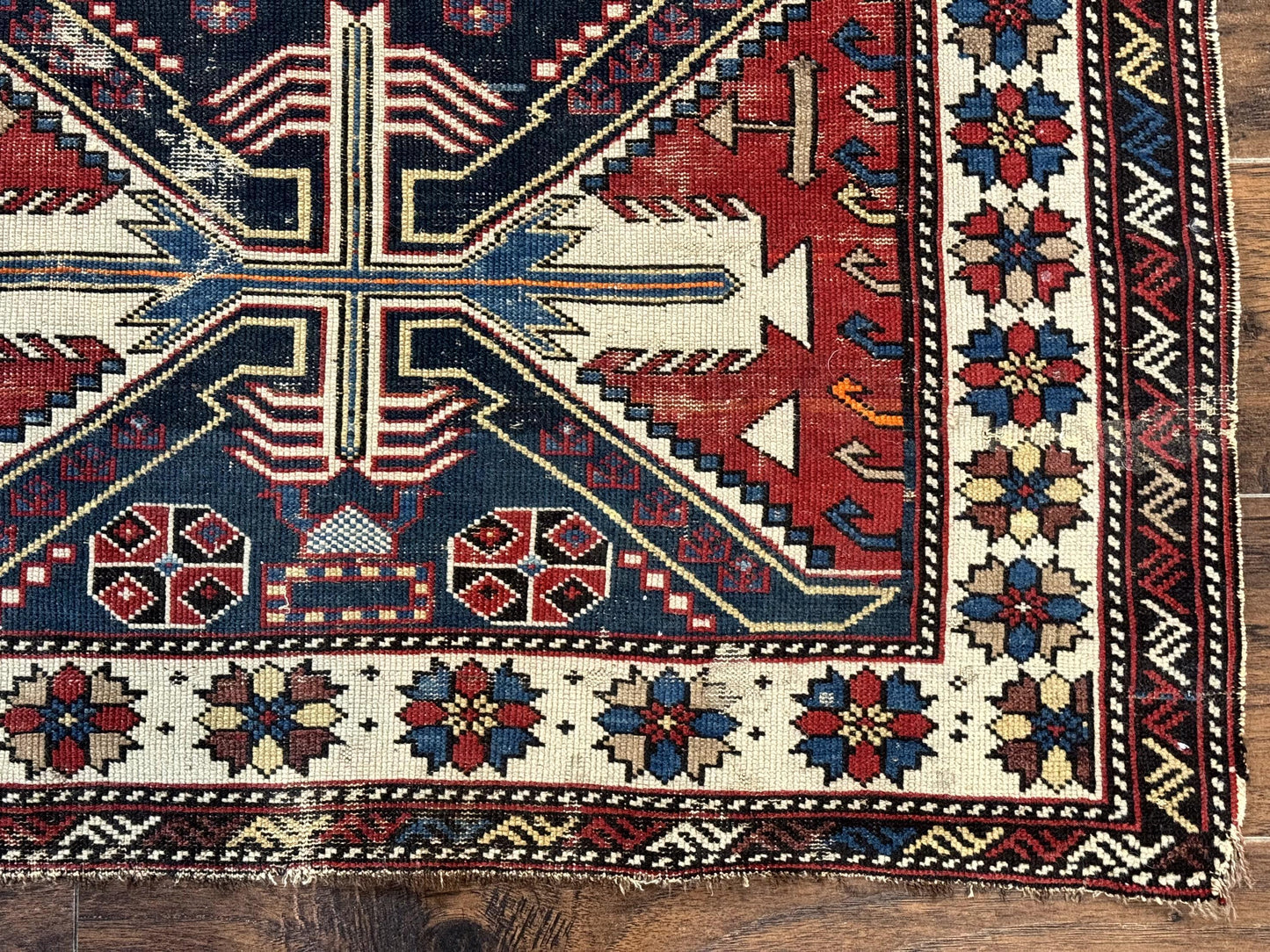 USED Antique Shirvan Caucasian Rug 3x5, Geometric Pattern, Red Navy Blue Beige