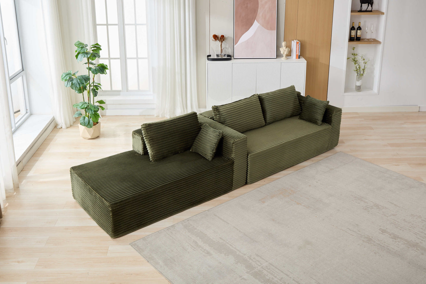 NEW Compression Sectional Couch with Comfy Chaise, Boneless L Shape Sofa with Deep Seat, Minimalist Modular Couches Sleeper for Living Room Bedroom Apartment Lounge,corduroy,Green