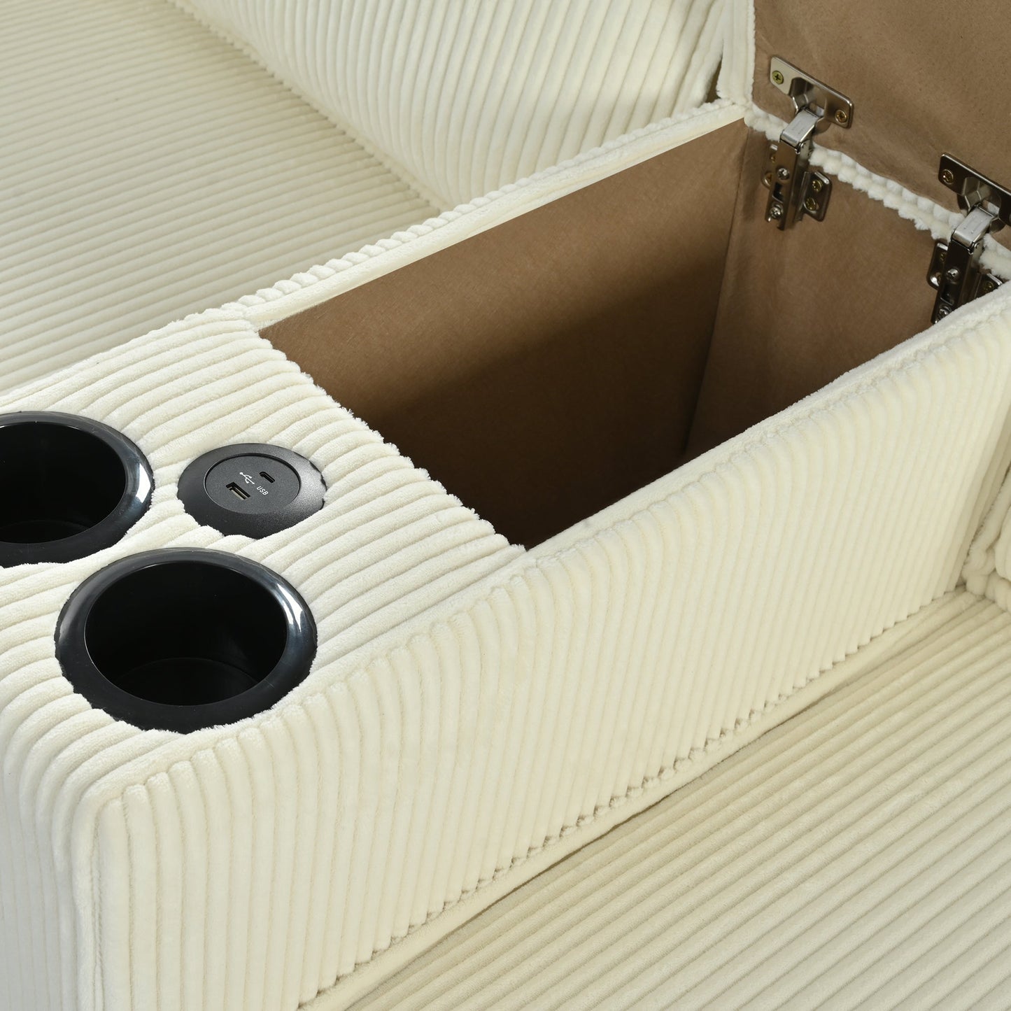 NEW L-shaped 4-Seater Corduroy Large Storage Armrest Sofa with Center Console and USB Charging