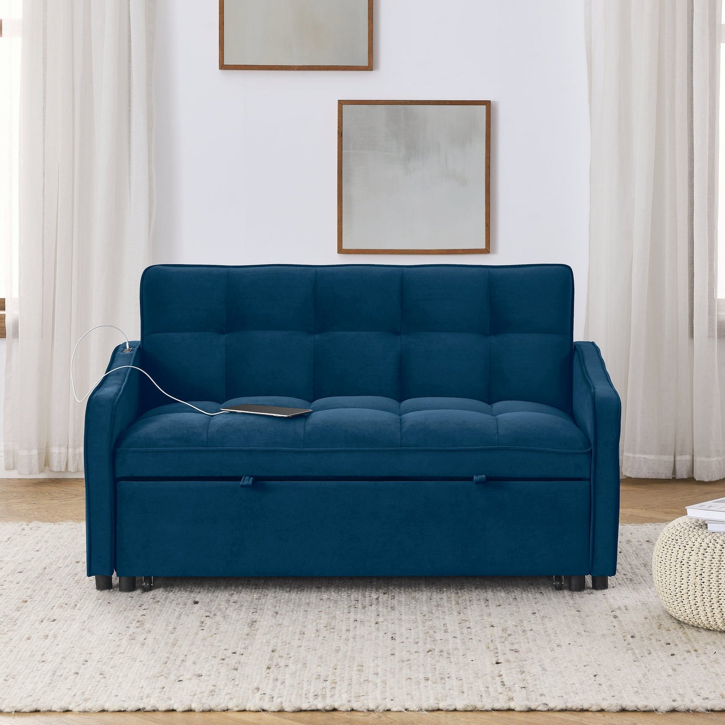 NEW Blue Copper Nail Loveseat Sofa Bed with Pull-out Bed with Adjustable Back Two Arm Pocket TypeC and USB Charging