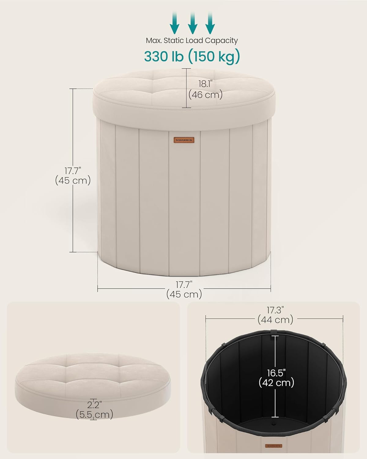 NEW Round Folding Storage Ottoman Cappuccino Beige Velvet
