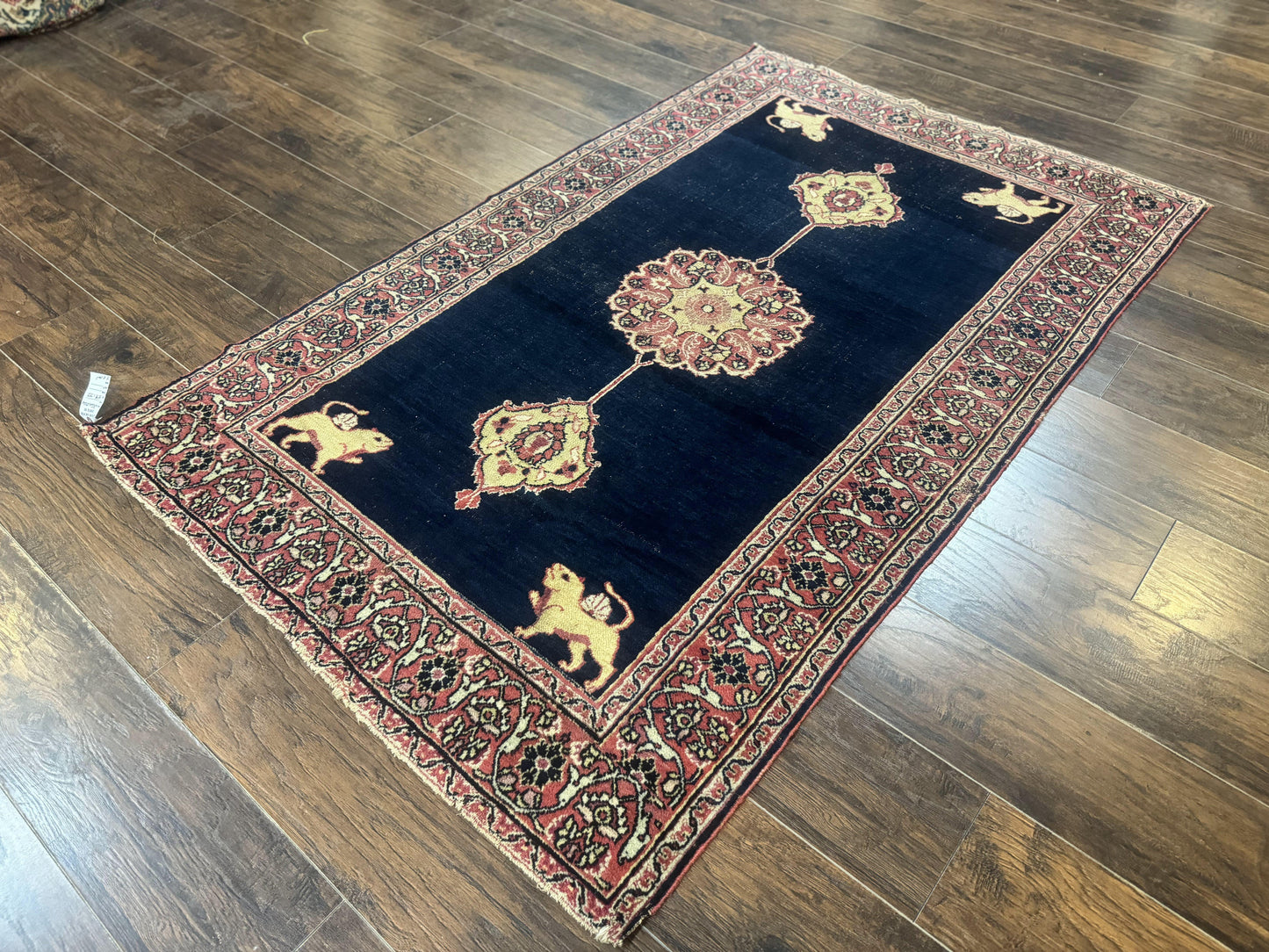USED Antique Persian Mashad Rug 4x6, Semi Open Field, Navy Blue, Lion Pictorials, Triple Medallion, Dorokhsh Rug