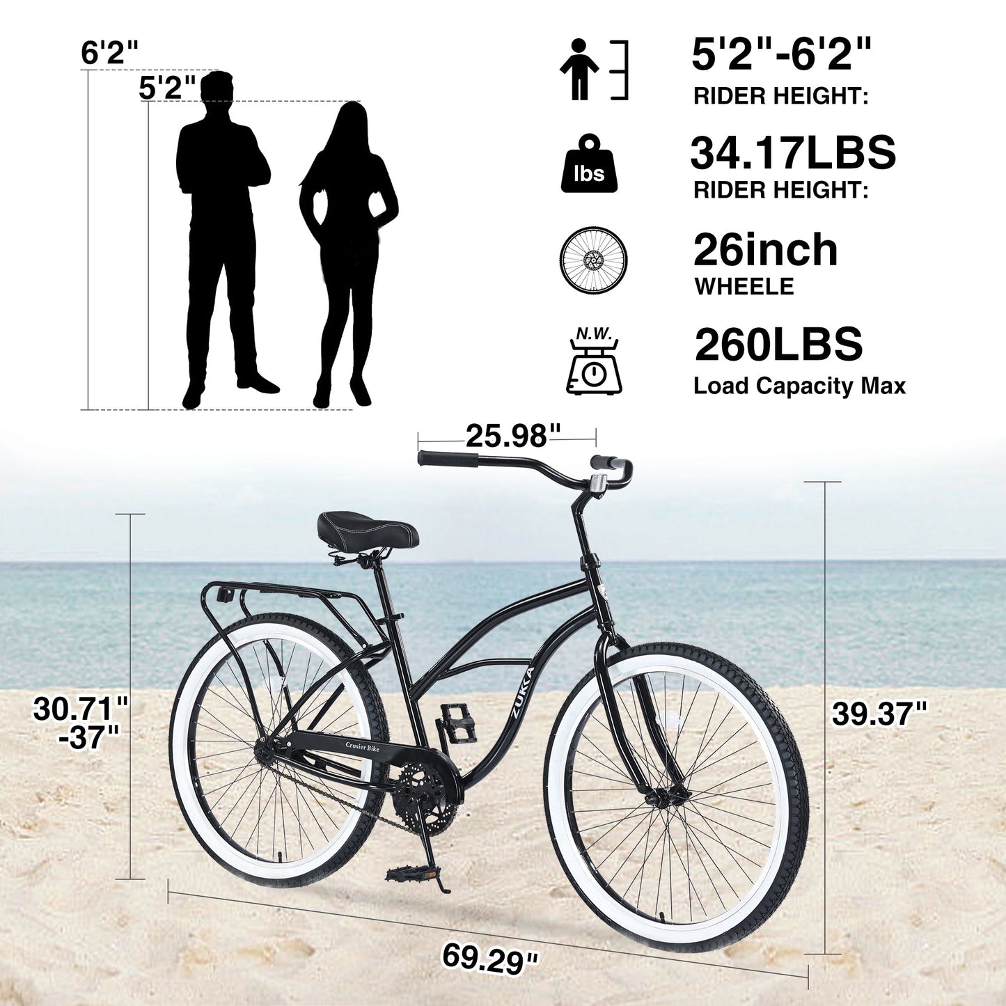 NEW Single Speed Bicycles 26'Inch,Steel Frame, Wide Wheels for Stability, Rear Coaster Brakes,Multiple Colors Men's Beach Cruiser Bike