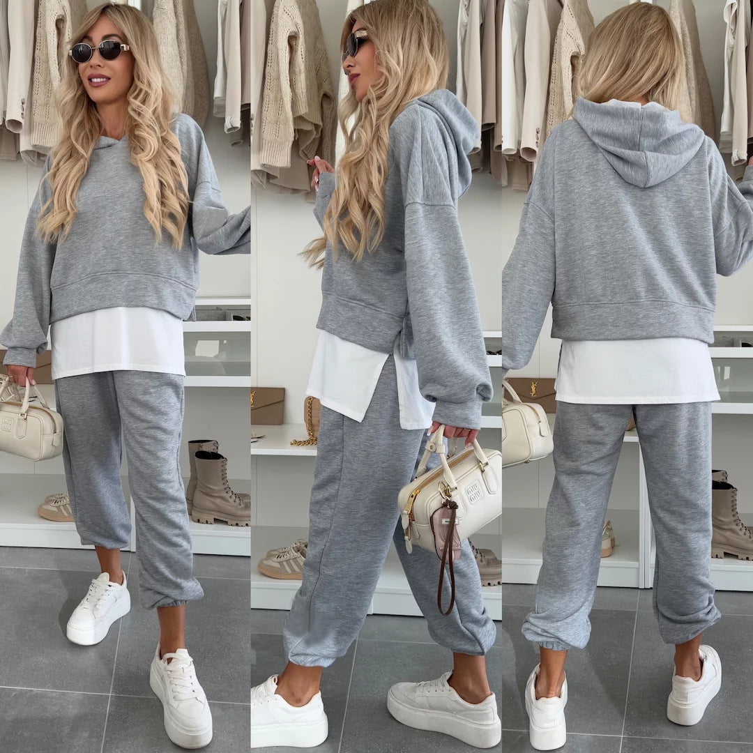 New Hooded Sweatshirt Suit Loose Long Sleeve False Two-piece Tops And Jogger Sports Trousers Casual Spots Set For Women's Clothing