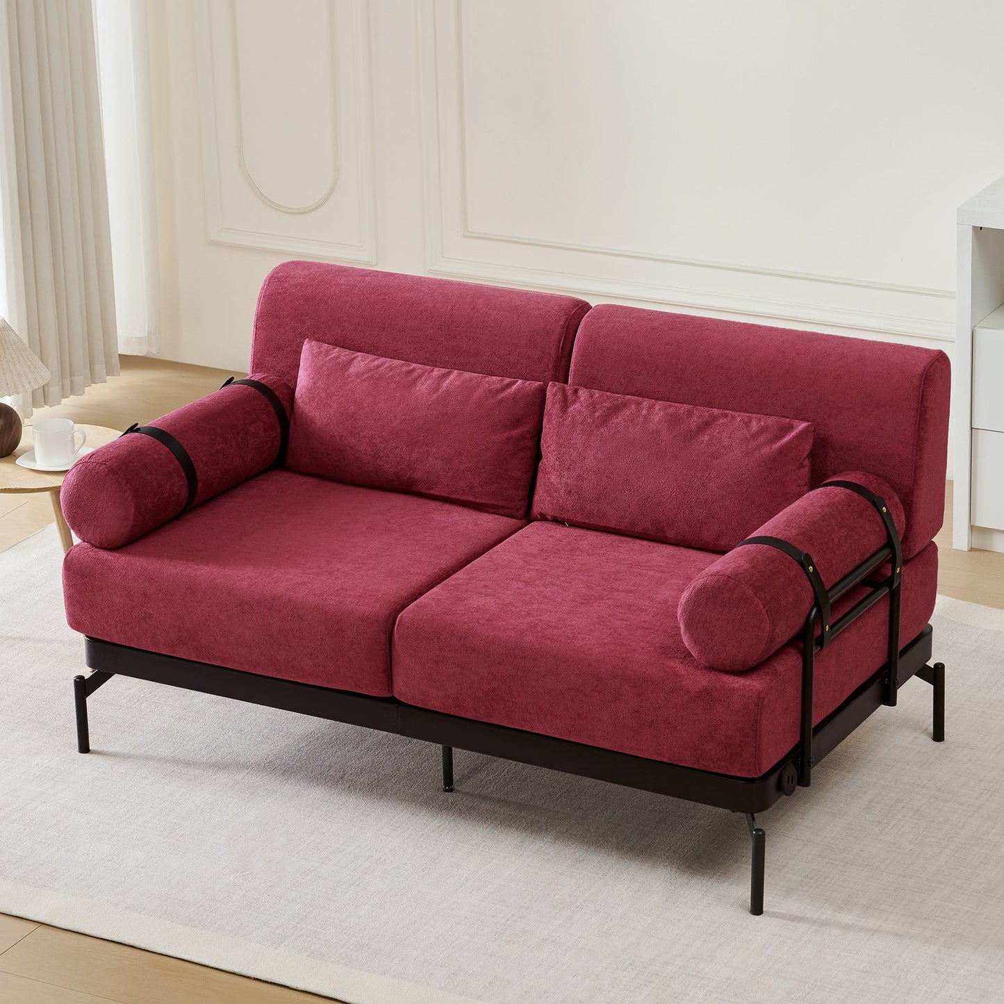 NEW Modern Red Chenille Loveseat 59' Sofa Couch 2-Seater with USB Ports Unique Cylindrical Armrests